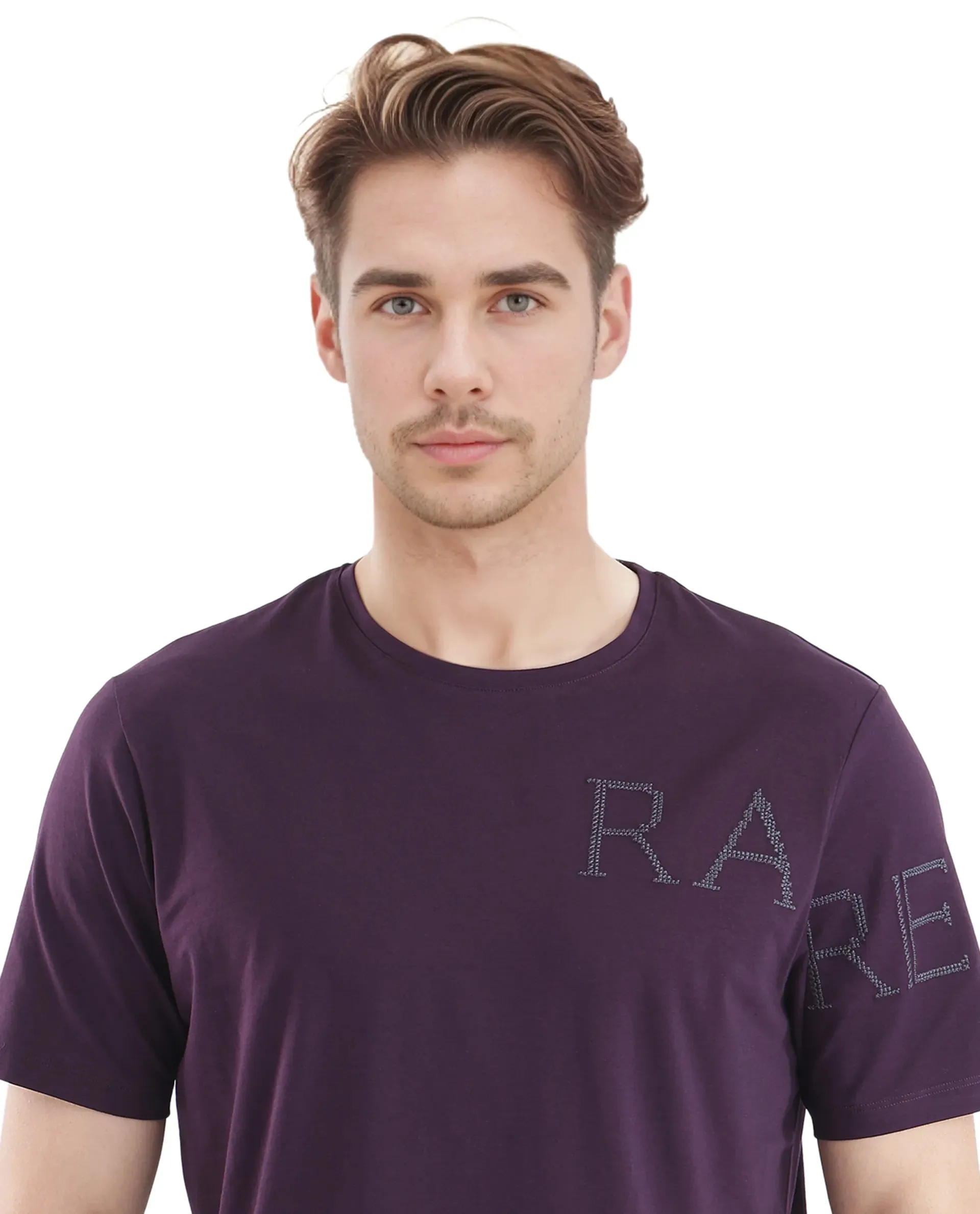 Rare Rabbit Men's Neilo-1 Dark Purple Cotton Lycra Fabric Short Sleeve Crew Neck Graphic Print T-Shirt