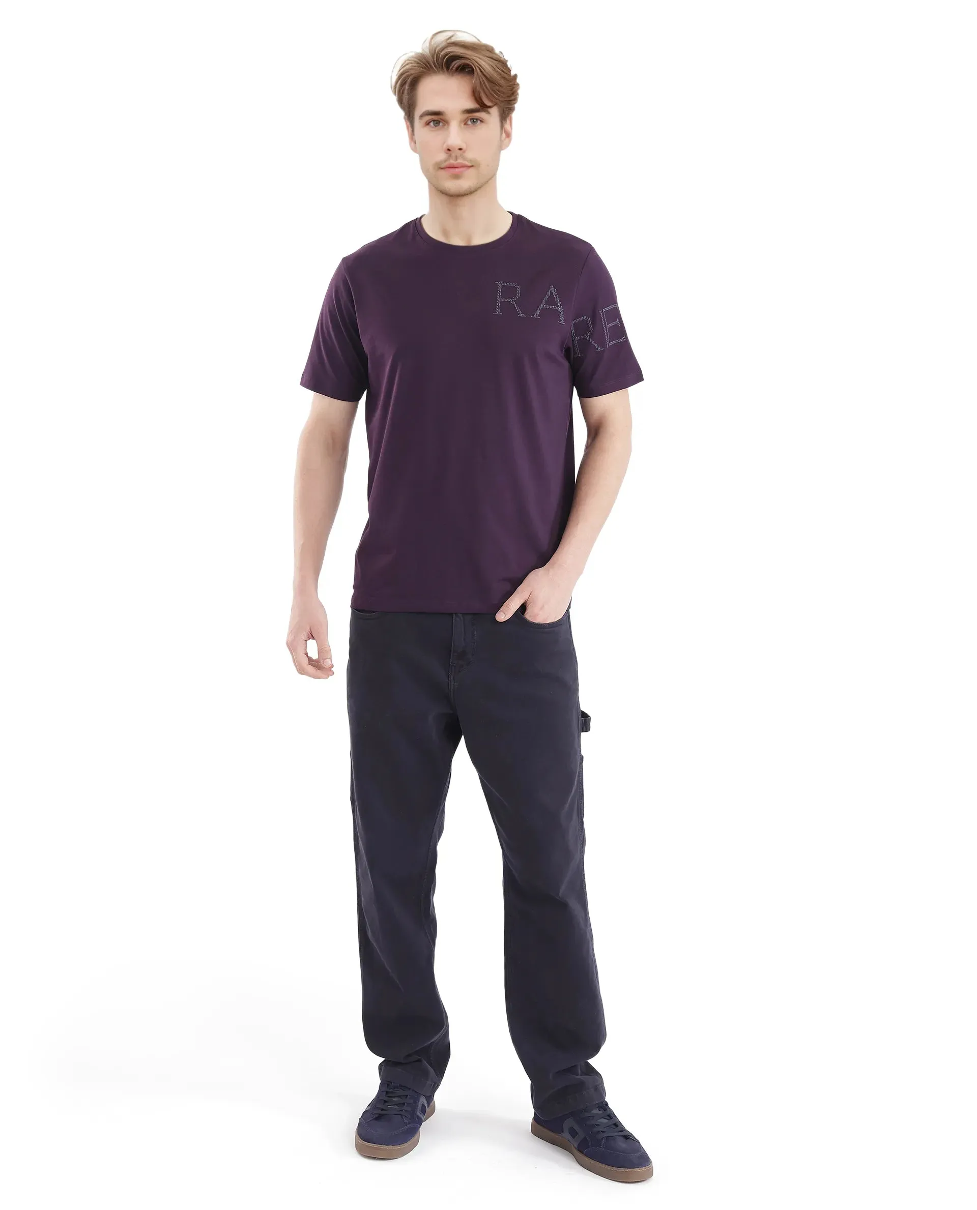 Rare Rabbit Men's Neilo-1 Dark Purple Cotton Lycra Fabric Short Sleeve Crew Neck Graphic Print T-Shirt