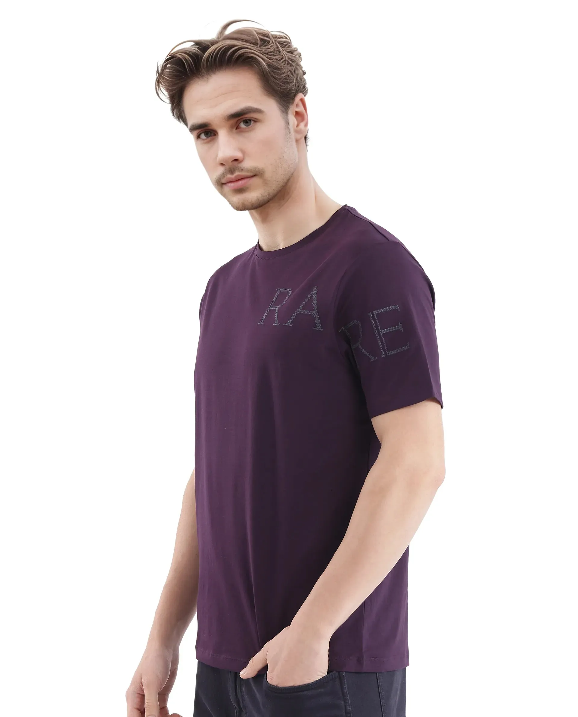 Rare Rabbit Men's Neilo-1 Dark Purple Cotton Lycra Fabric Short Sleeve Crew Neck Graphic Print T-Shirt