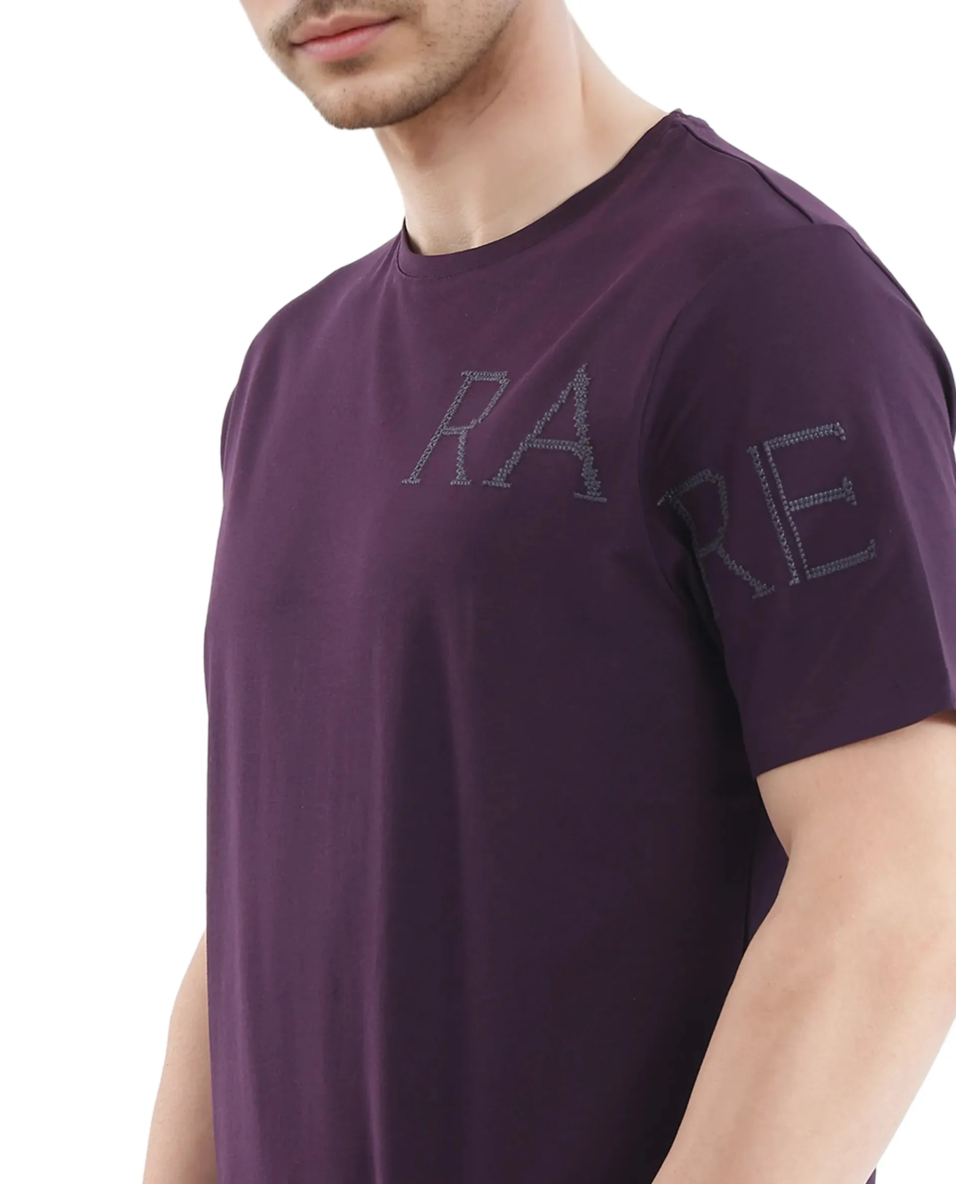 Rare Rabbit Men's Neilo-1 Dark Purple Cotton Lycra Fabric Short Sleeve Crew Neck Graphic Print T-Shirt