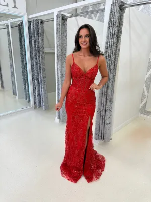 Red Glitter Backless Corset Full Length Gown
