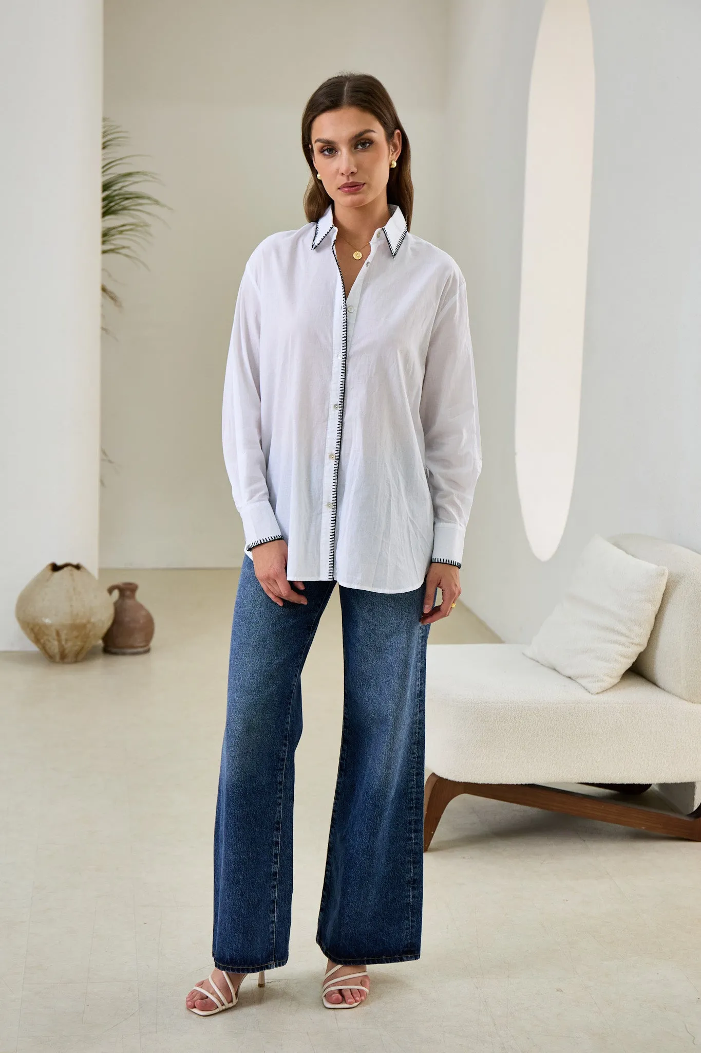 Renae White Contrast Blanket Stitch Shirt