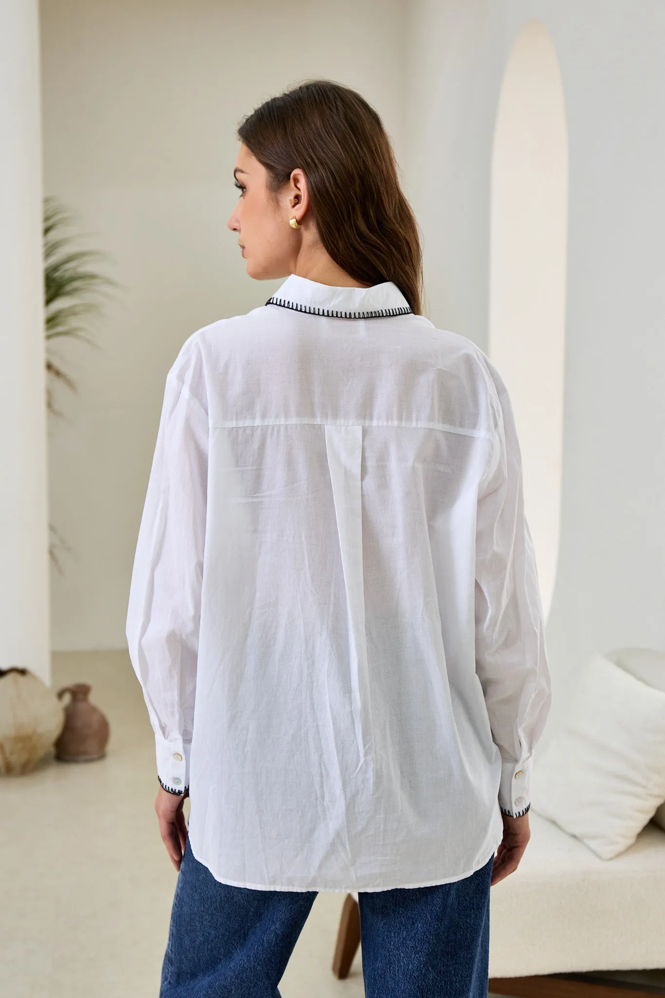 Renae White Contrast Blanket Stitch Shirt