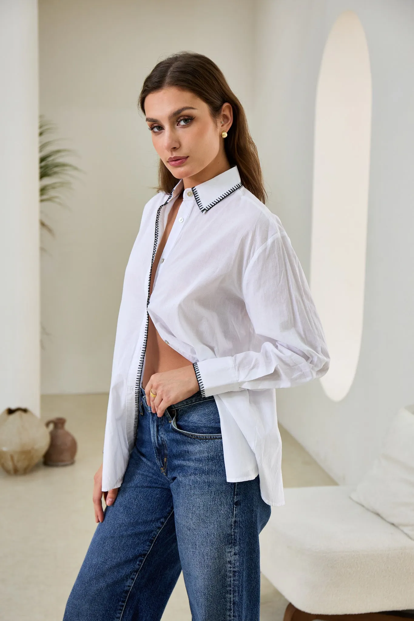 Renae White Contrast Blanket Stitch Shirt