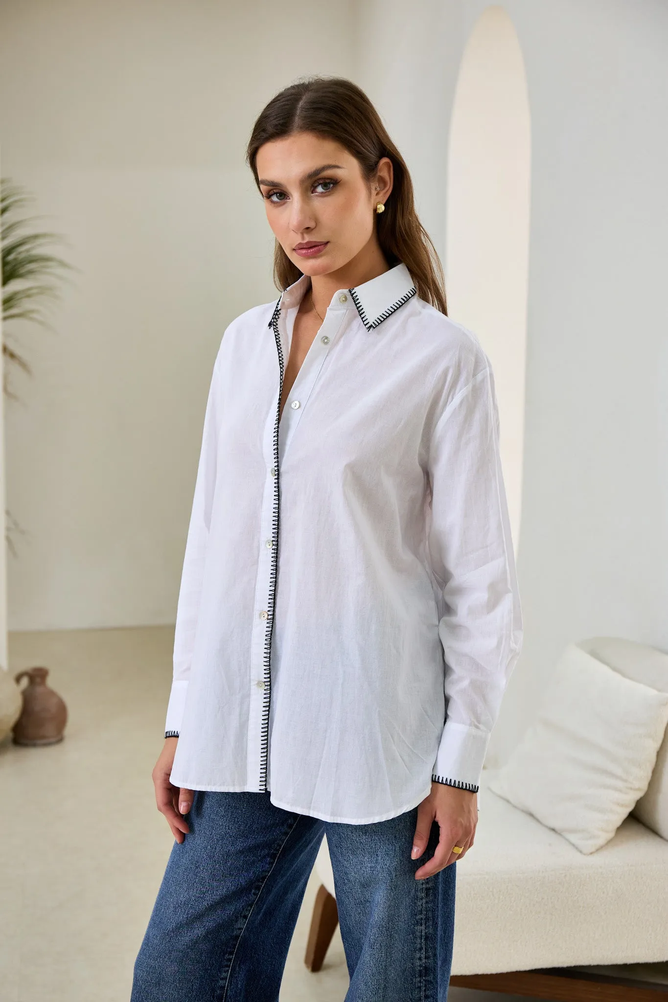 Renae White Contrast Blanket Stitch Shirt