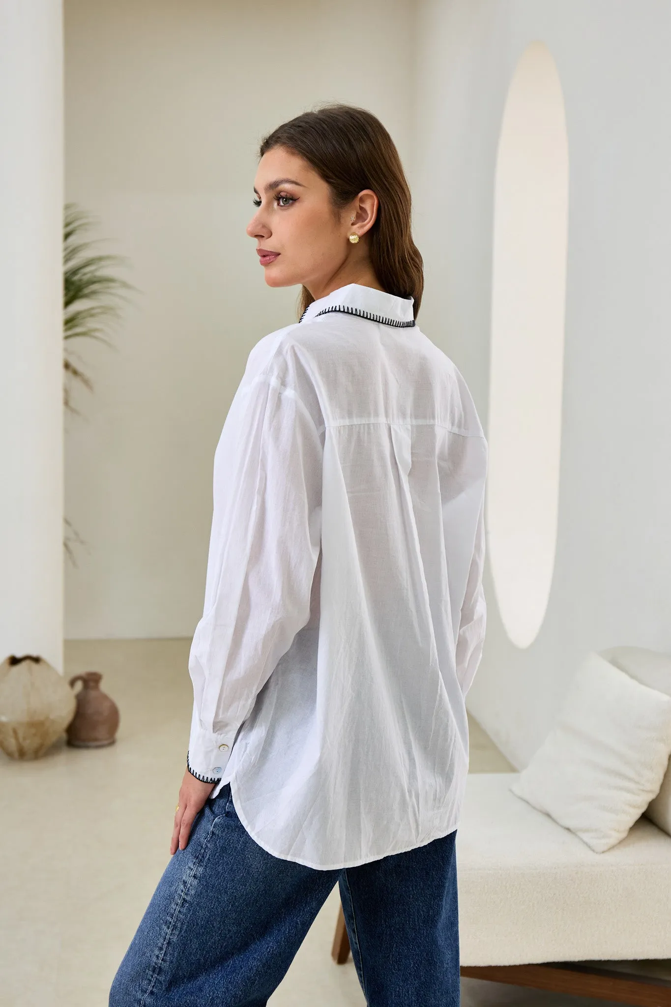 Renae White Contrast Blanket Stitch Shirt