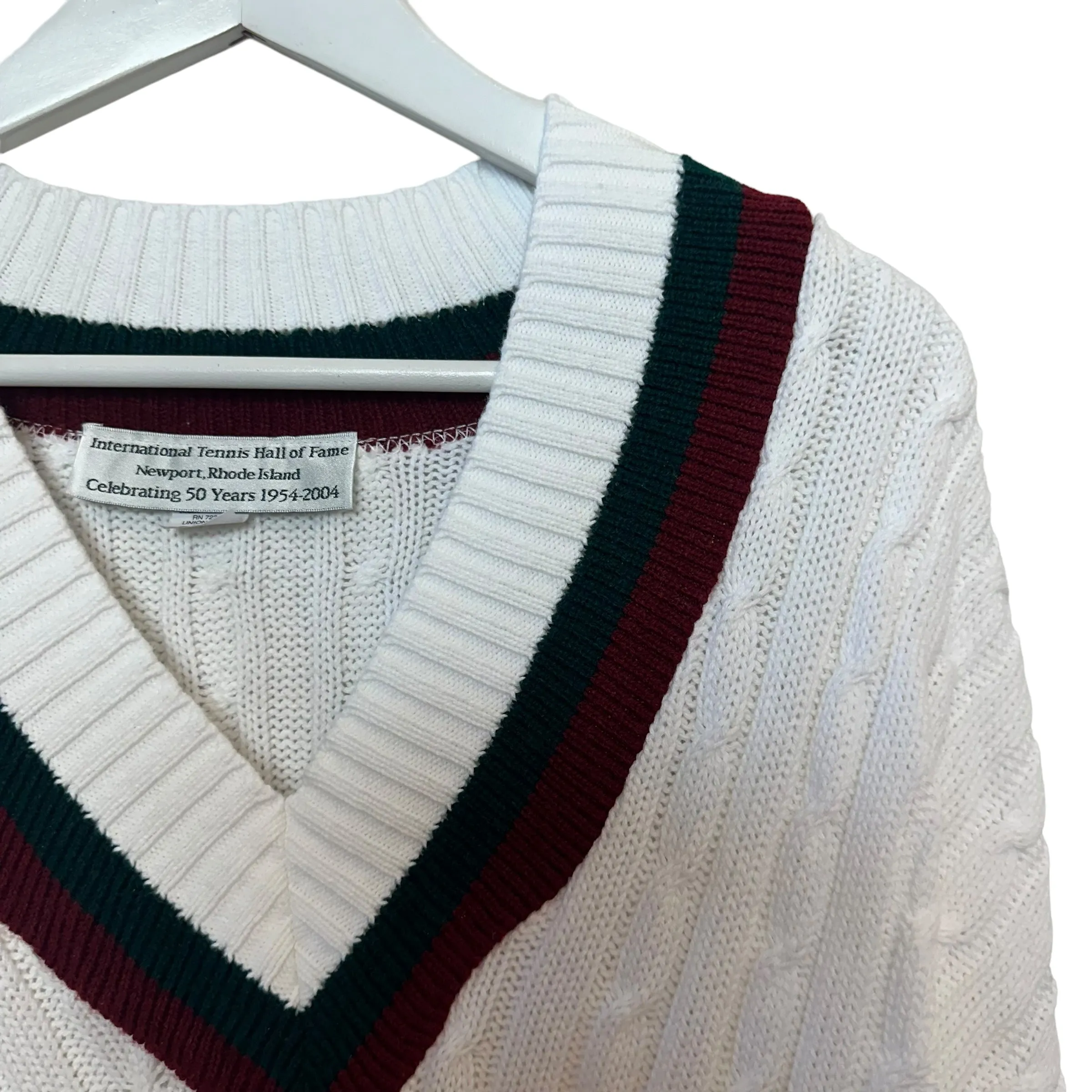 Retro Y2K V-Neck Sweater Tennis Hall of Fame 50th Anniversary White Cable Knit Large
