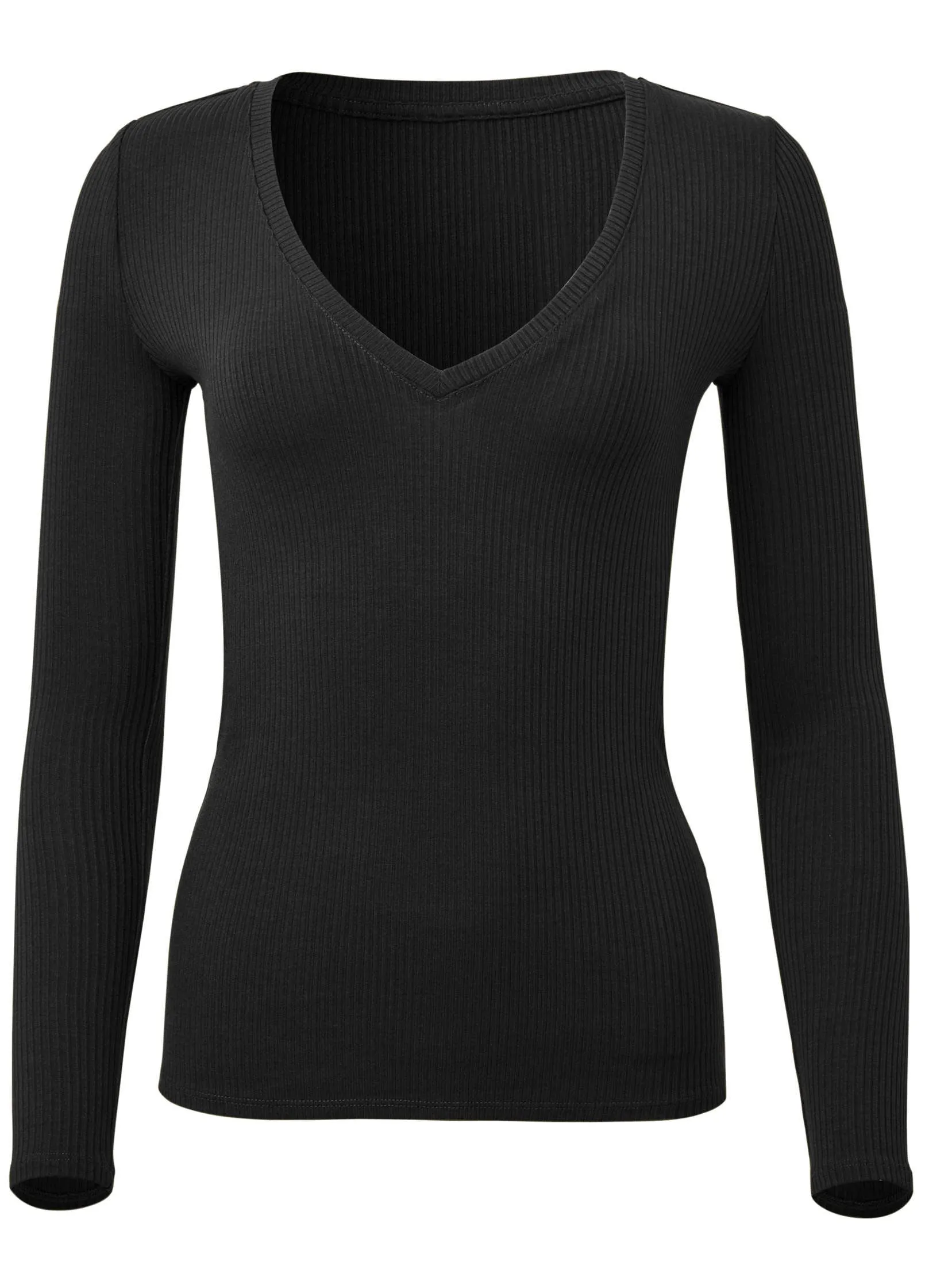 Ribbed Long Sleeve V-Neck - Black