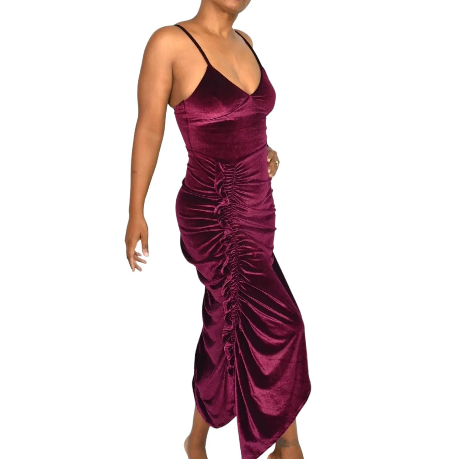 Ronny Kobo Ahn Dress Purple Velvet Ruched Shirred Midi Thigh Side Slit Jewel Tone Ruffle Size XS