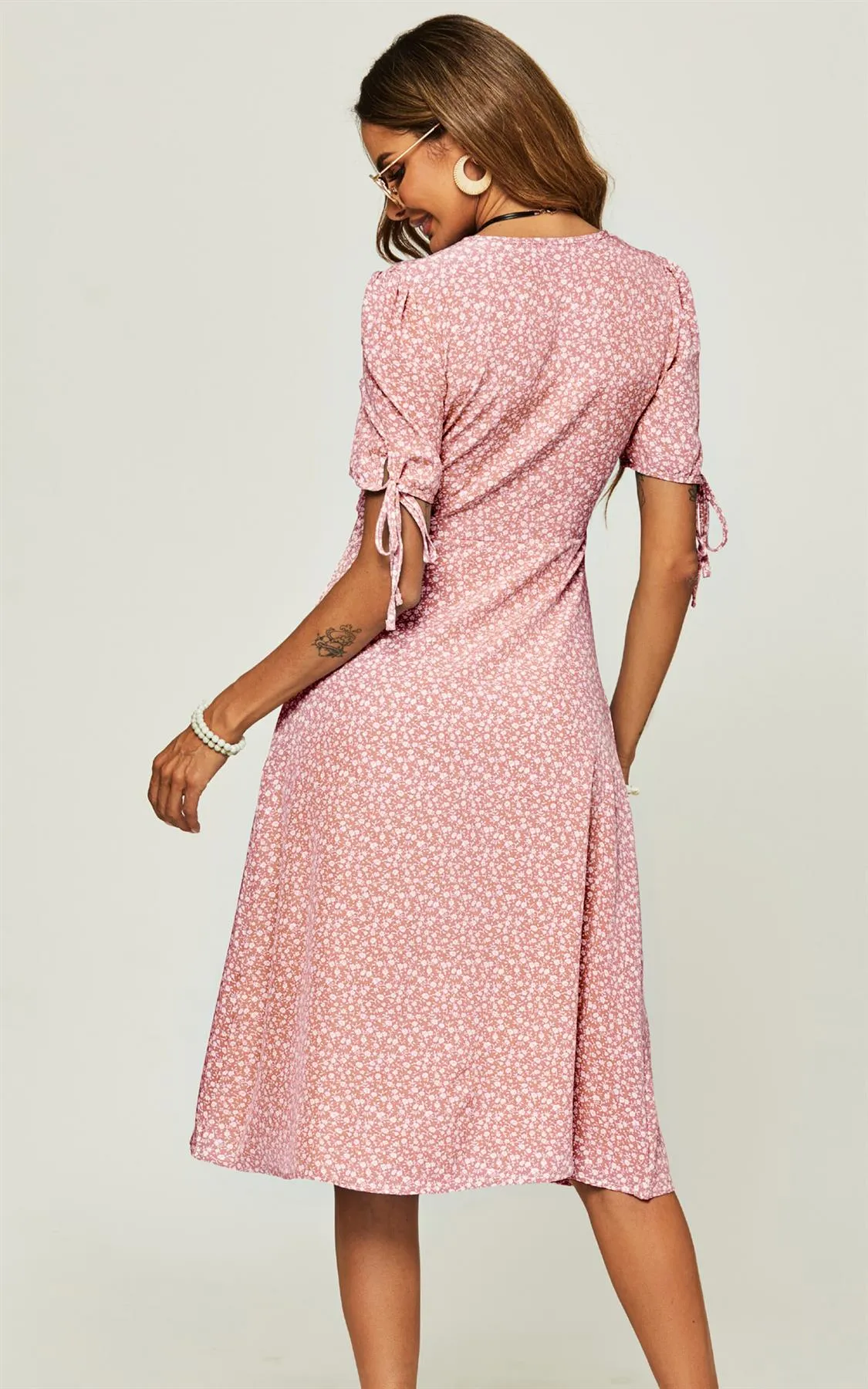 Side Zip Button Detail Floral Print Midi Wrap Dress In Pink