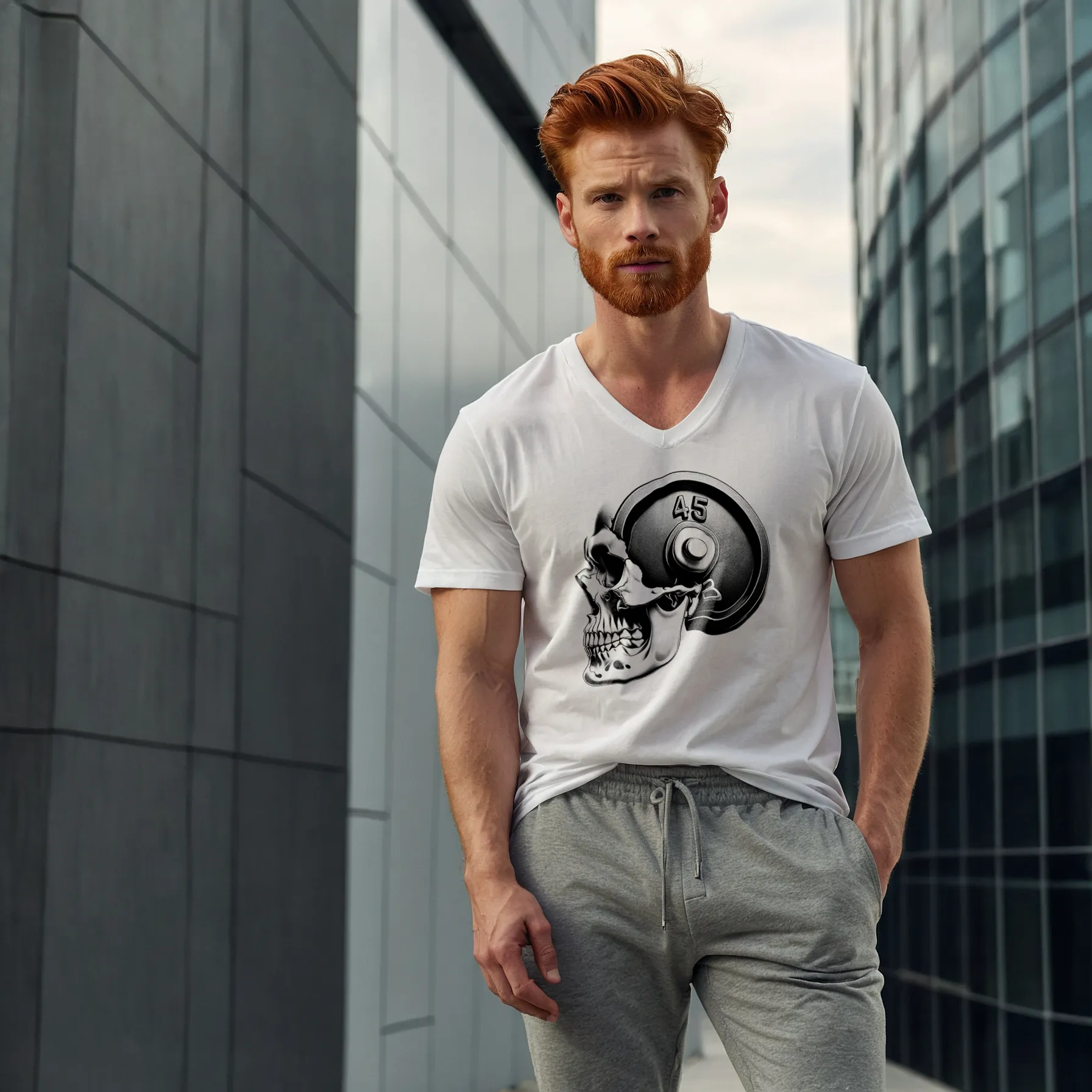 Skull Weightlifting Unisex V-neck T-Shirt