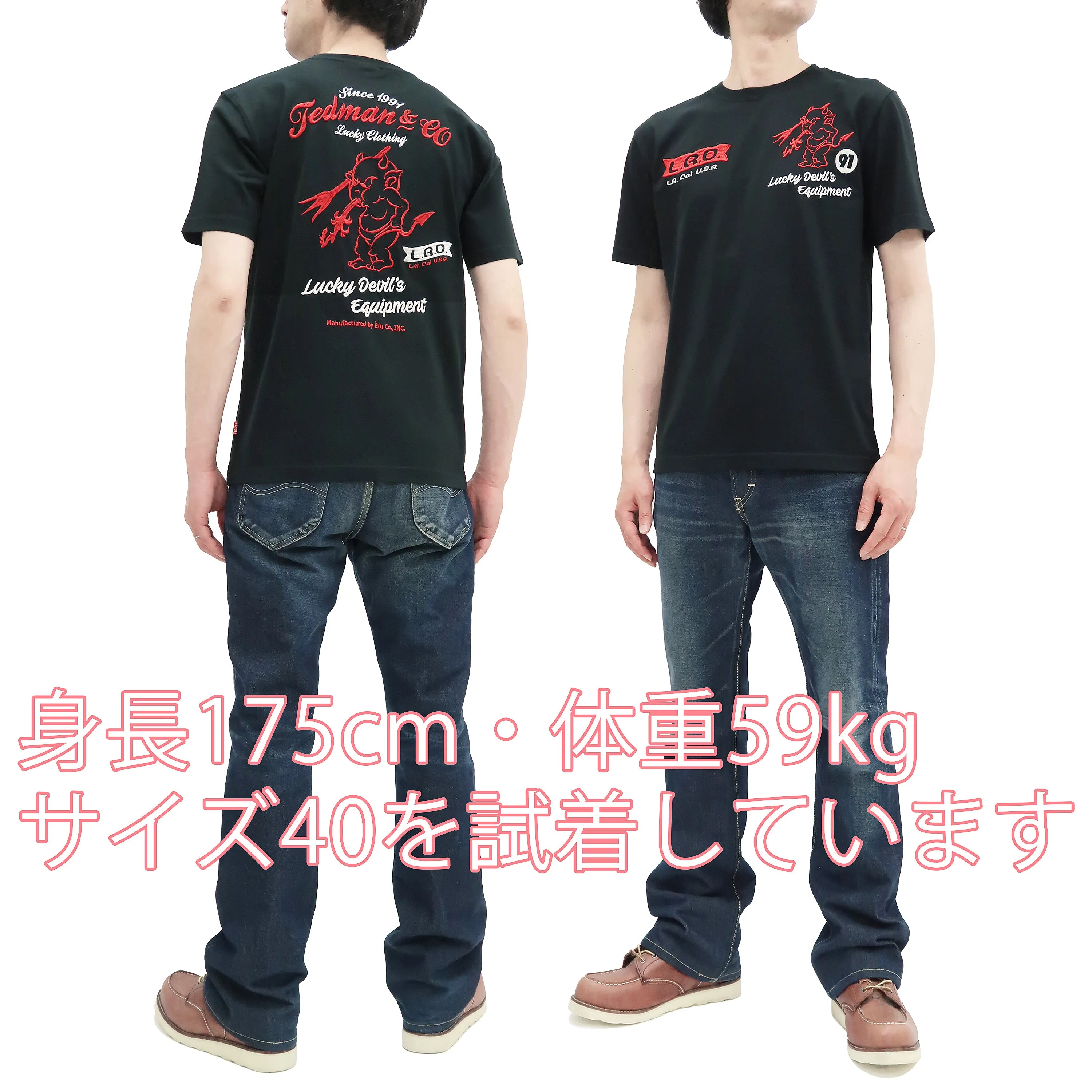 Tedman Embroidered T-Shirt Men's Lucky Devil Graphic Short Sleeve Tee Efu-Shokai TDSS-548 Black