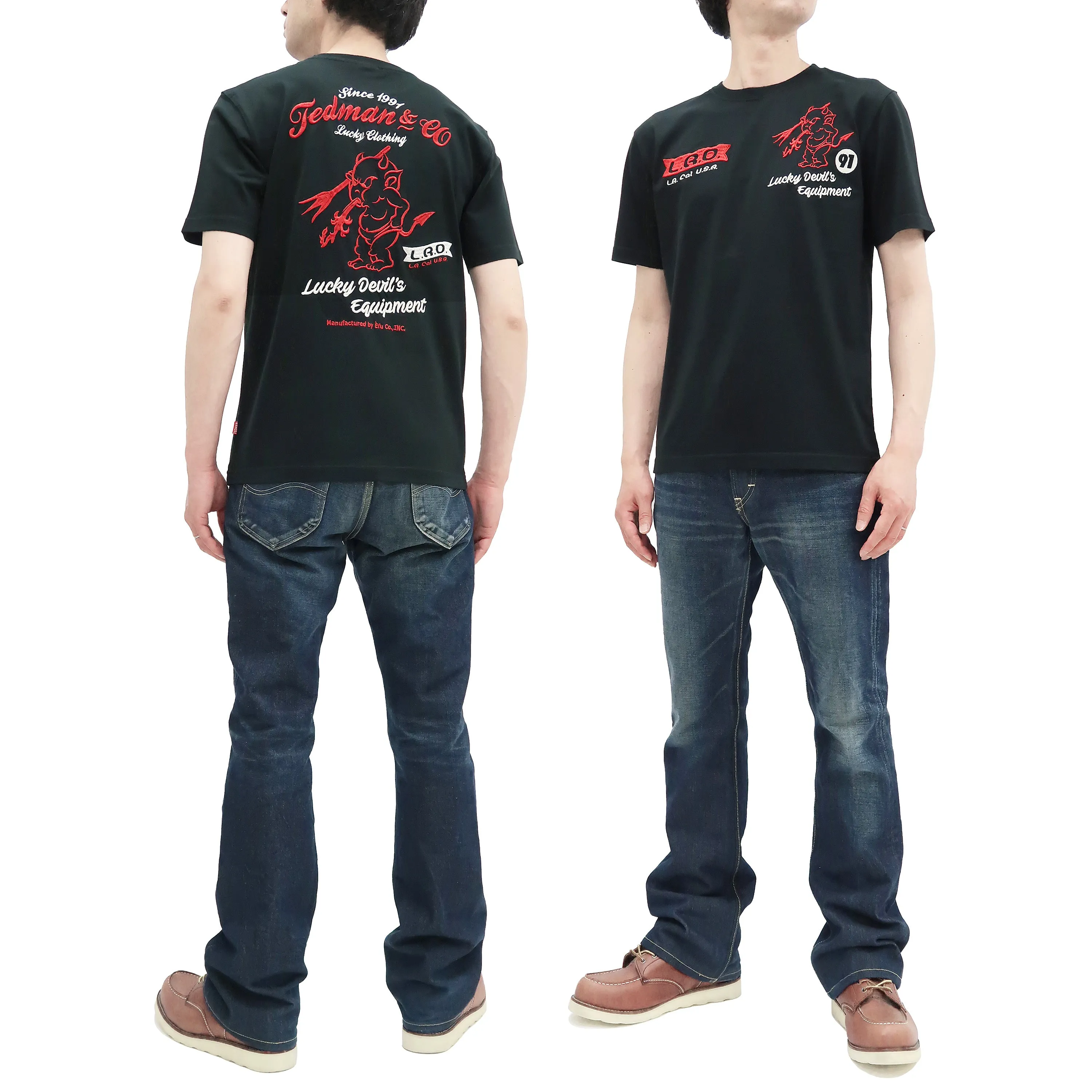 Tedman Embroidered T-Shirt Men's Lucky Devil Graphic Short Sleeve Tee Efu-Shokai TDSS-548 Black