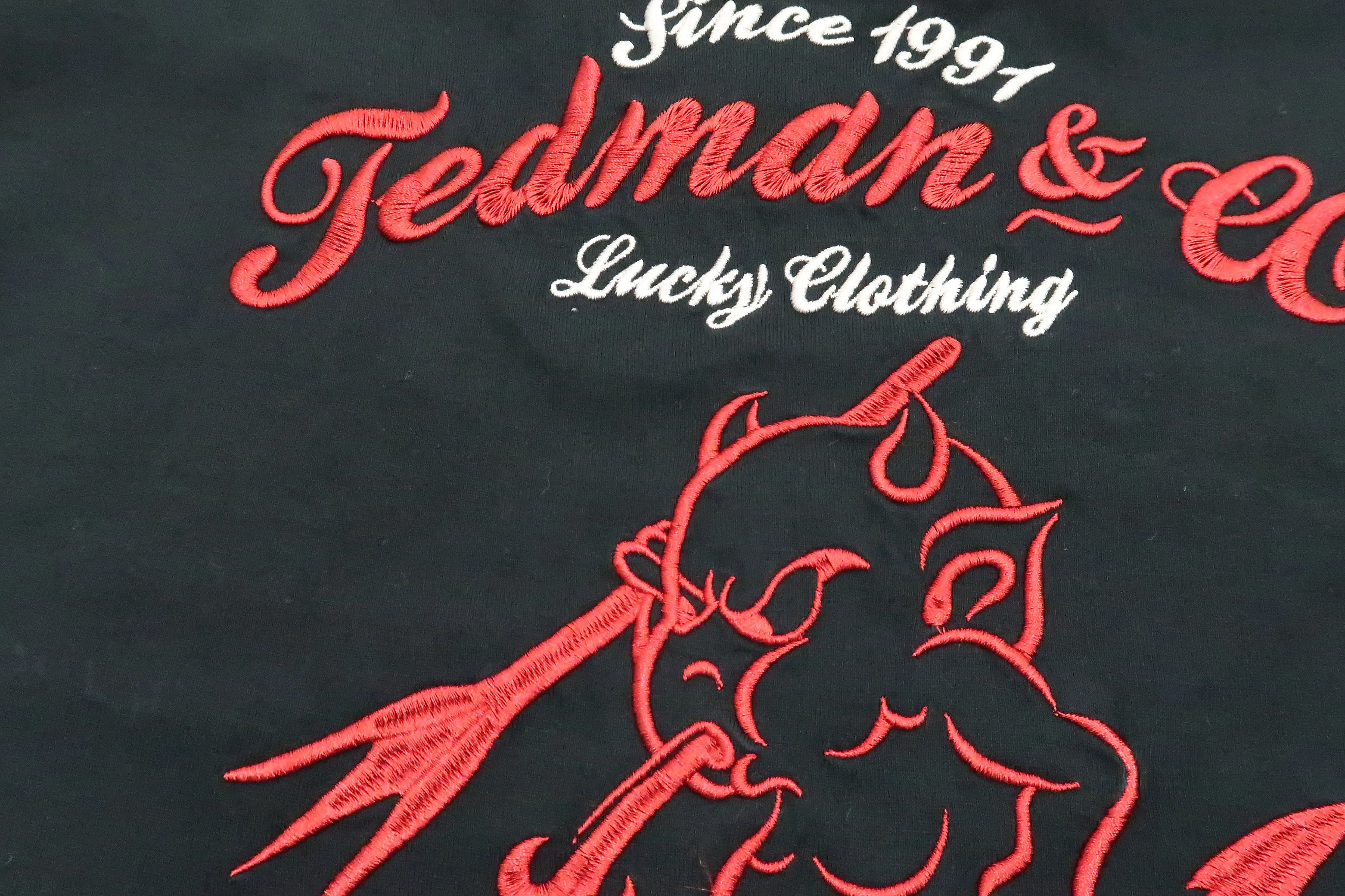 Tedman Embroidered T-Shirt Men's Lucky Devil Graphic Short Sleeve Tee Efu-Shokai TDSS-548 Black