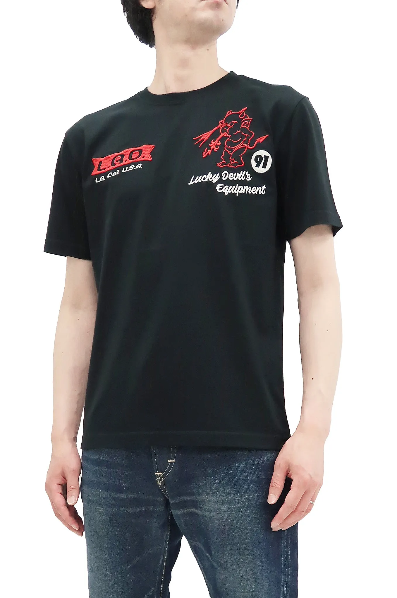 Tedman Embroidered T-Shirt Men's Lucky Devil Graphic Short Sleeve Tee Efu-Shokai TDSS-548 Black