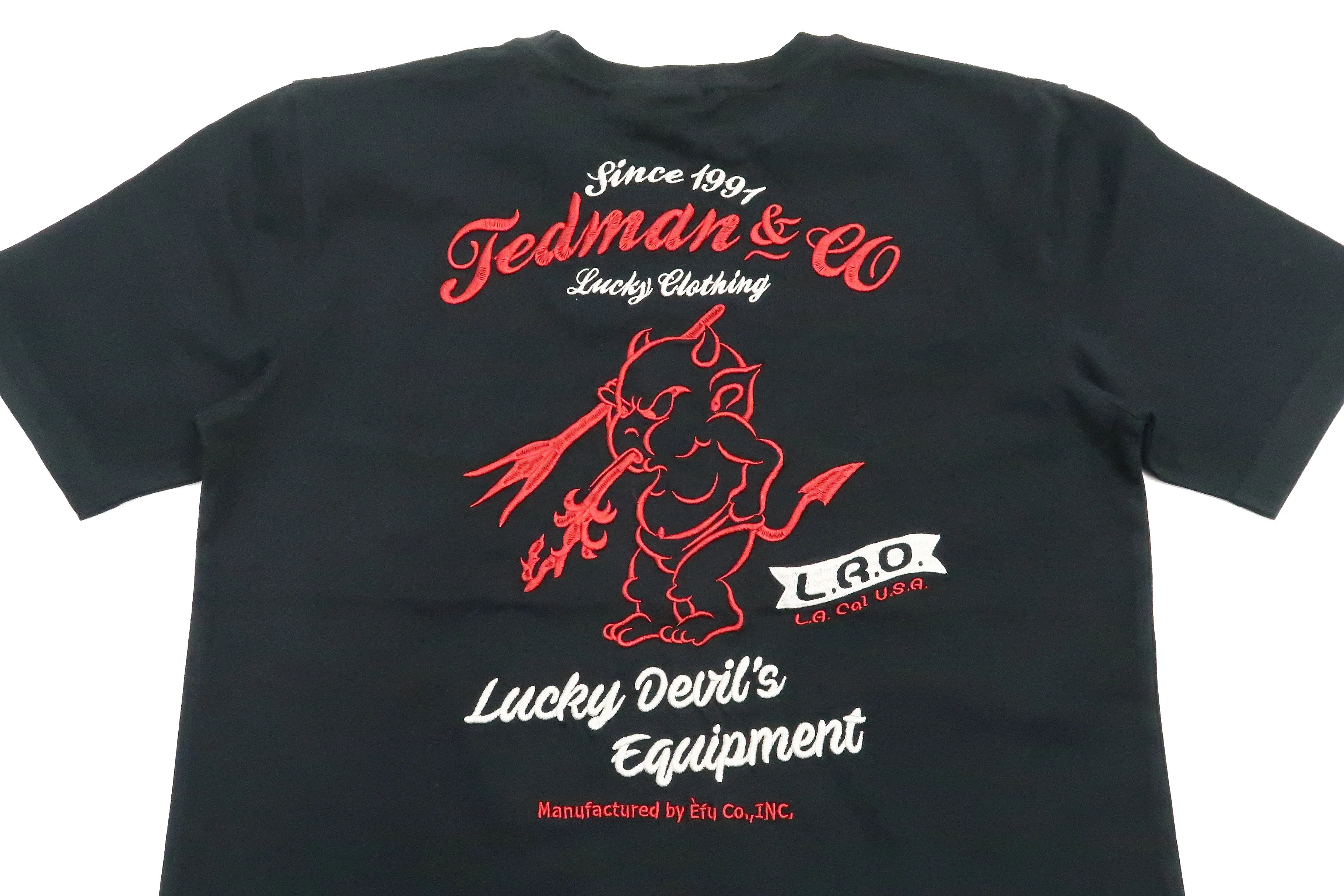 Tedman Embroidered T-Shirt Men's Lucky Devil Graphic Short Sleeve Tee Efu-Shokai TDSS-548 Black
