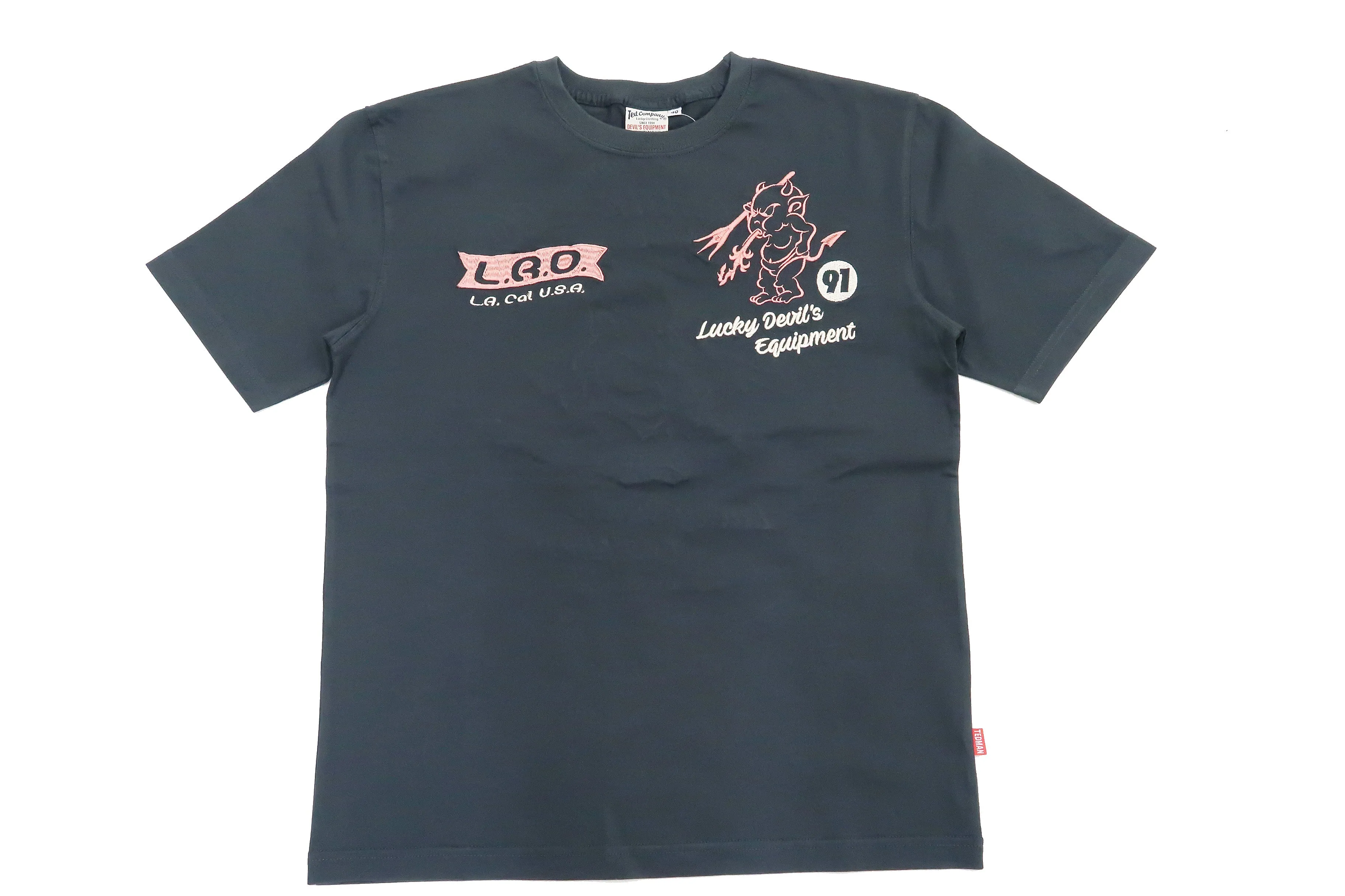 Tedman Embroidered T-Shirt Men's Lucky Devil Graphic Short Sleeve Tee Efu-Shokai TDSS-548 Faded-Dark-Blue