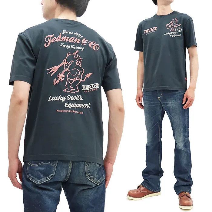 Tedman Embroidered T-Shirt Men's Lucky Devil Graphic Short Sleeve Tee Efu-Shokai TDSS-548 Faded-Dark-Blue