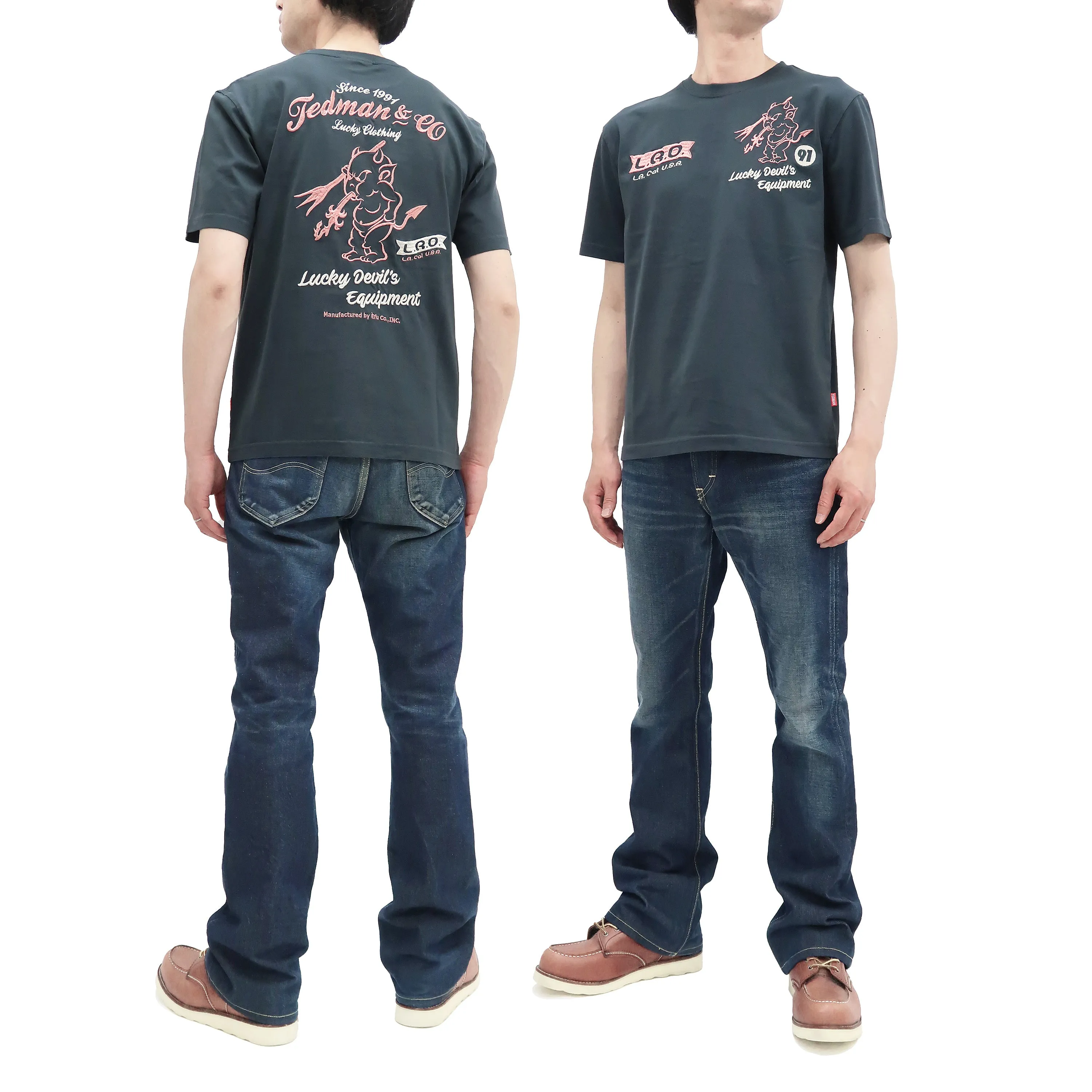 Tedman Embroidered T-Shirt Men's Lucky Devil Graphic Short Sleeve Tee Efu-Shokai TDSS-548 Faded-Dark-Blue