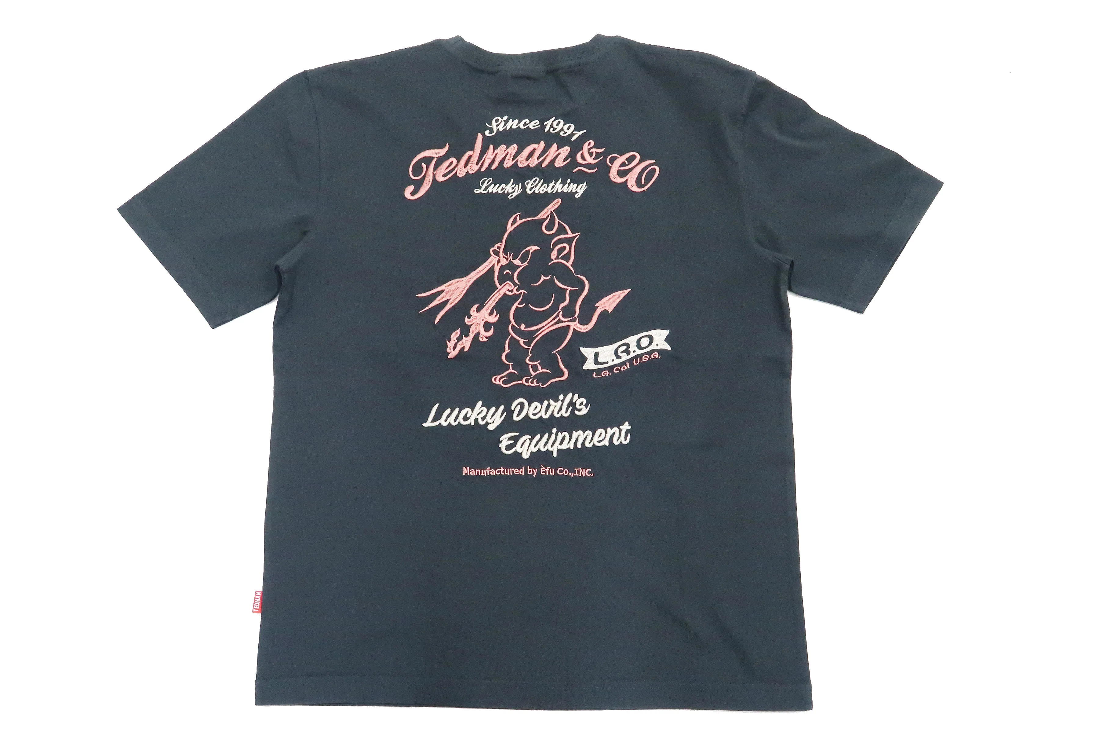 Tedman Embroidered T-Shirt Men's Lucky Devil Graphic Short Sleeve Tee Efu-Shokai TDSS-548 Faded-Dark-Blue