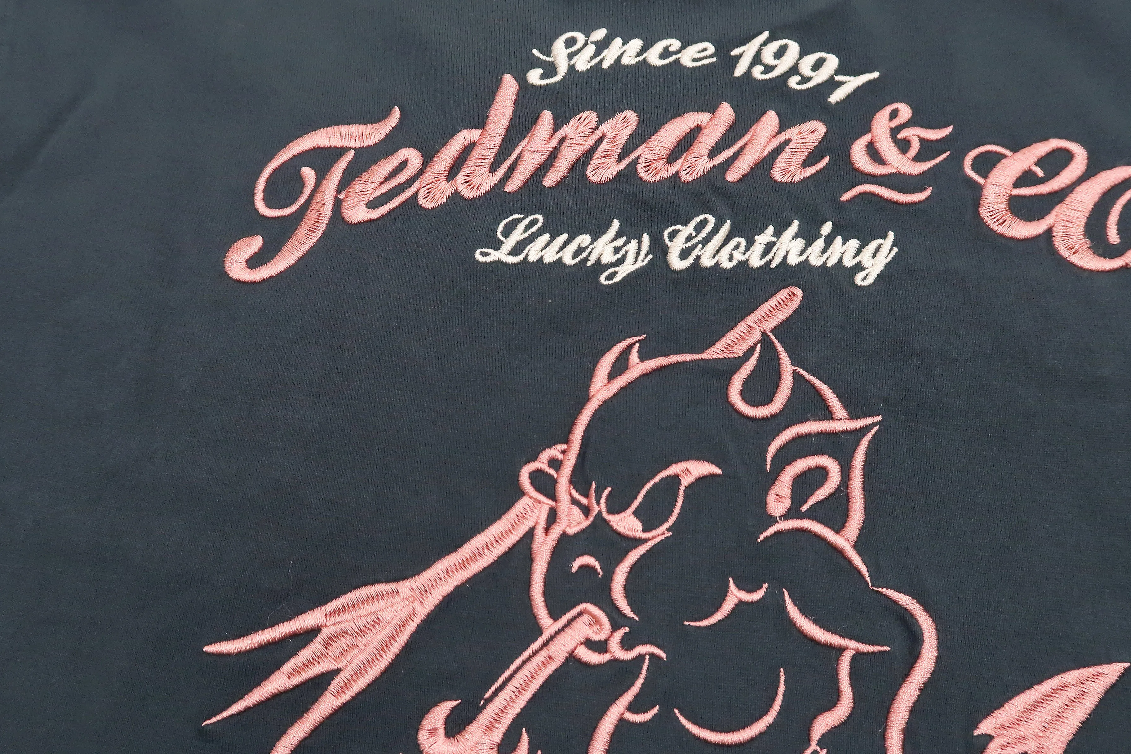 Tedman Embroidered T-Shirt Men's Lucky Devil Graphic Short Sleeve Tee Efu-Shokai TDSS-548 Faded-Dark-Blue
