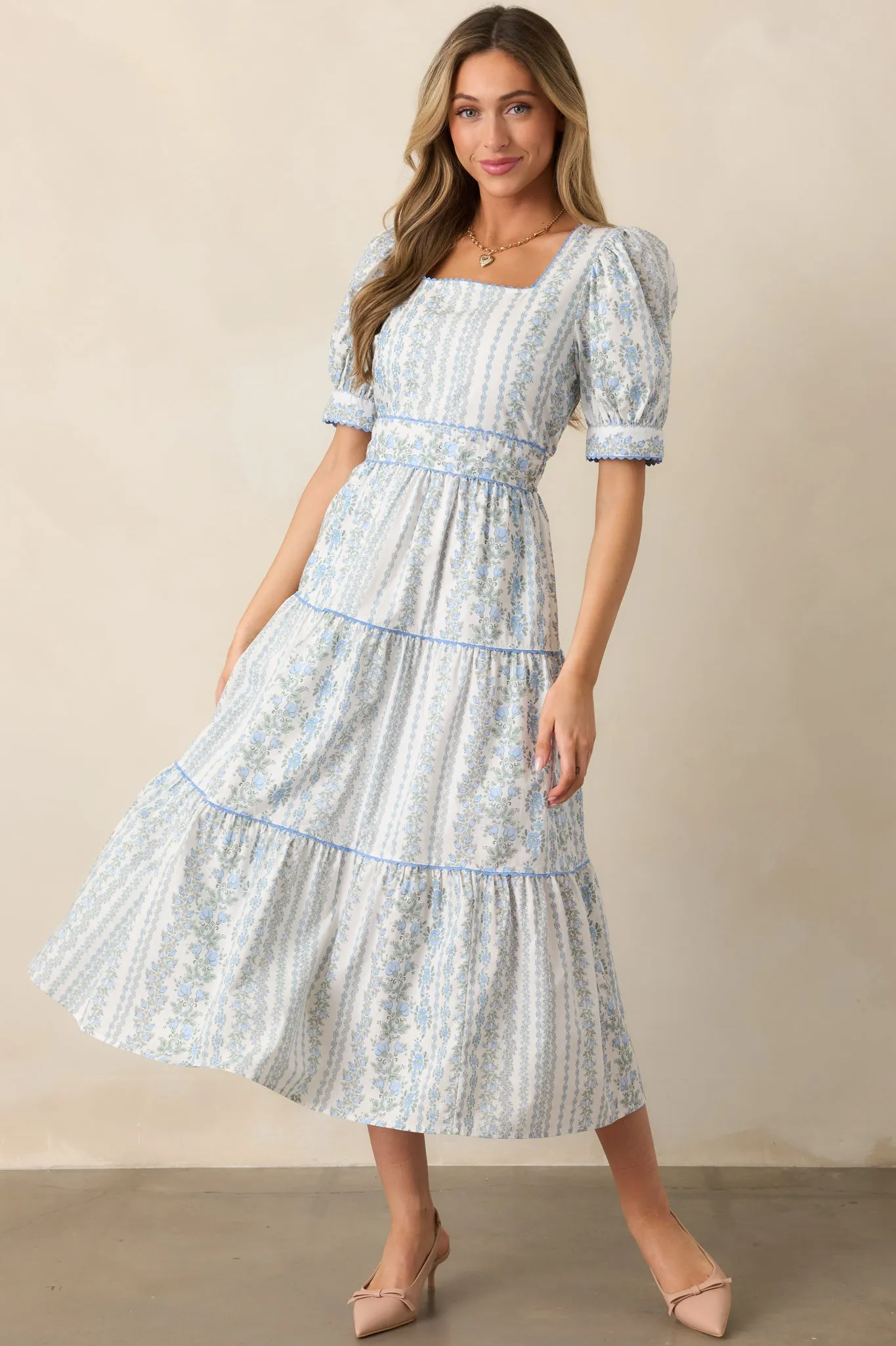 The Wildflower’s Song Cotton Light Blue Floral Midi Dress