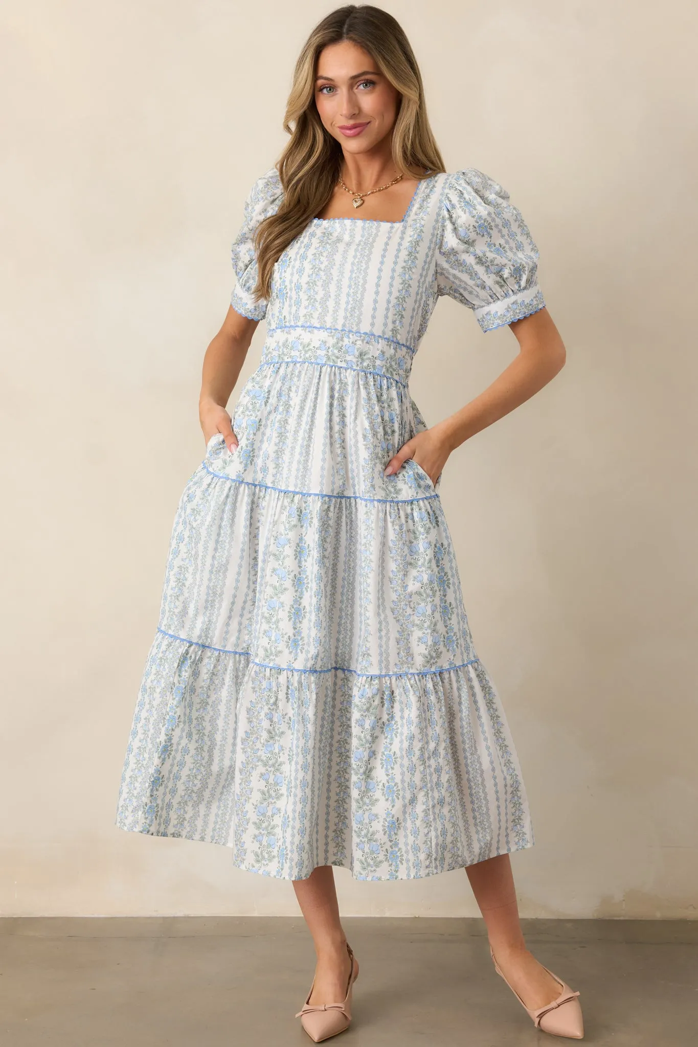 The Wildflower’s Song Cotton Light Blue Floral Midi Dress