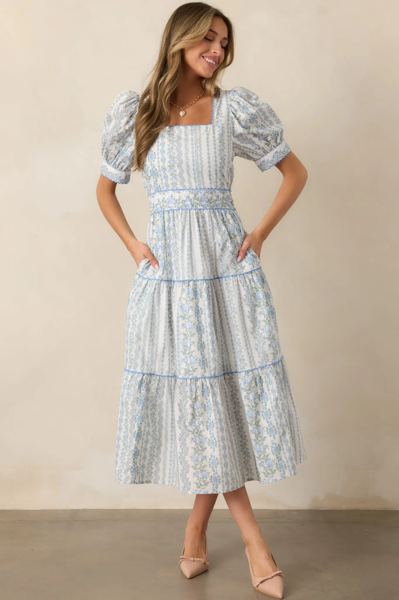 The Wildflower’s Song Cotton Light Blue Floral Midi Dress