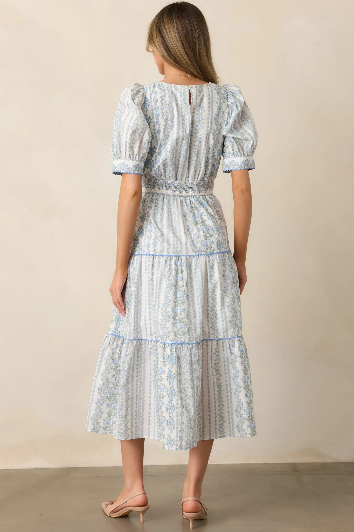 The Wildflower’s Song Cotton Light Blue Floral Midi Dress