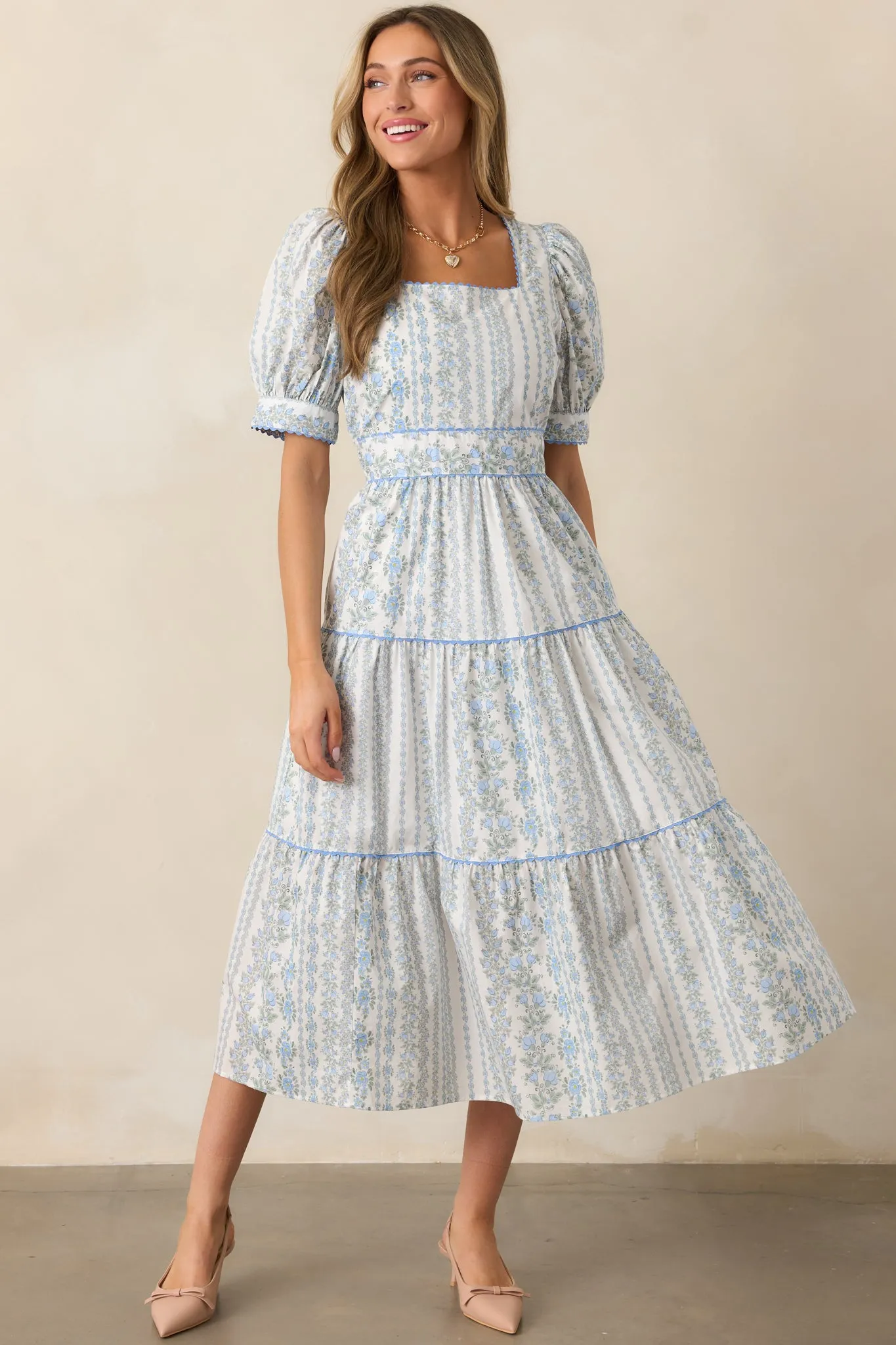The Wildflower’s Song Cotton Light Blue Floral Midi Dress
