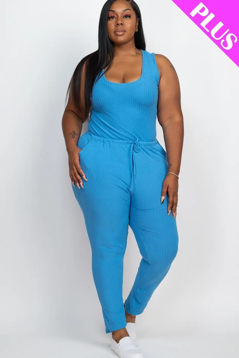 Thick Madam Ribbed Sleeveless Drawstring Jumpsuit Voluptuous ( ) Size - 9 colors - Ships from The US