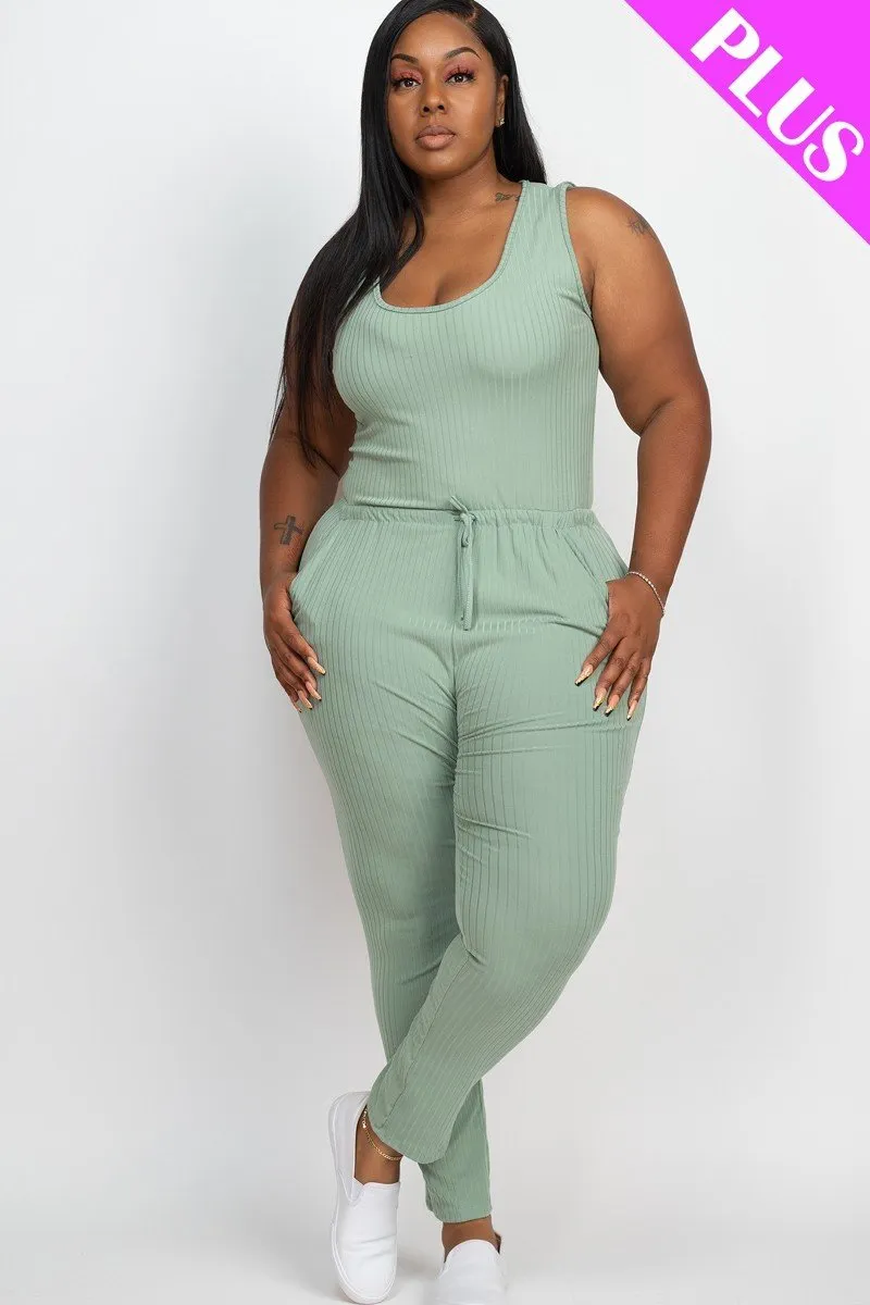 Thick Madam Ribbed Sleeveless Drawstring Jumpsuit Voluptuous ( ) Size - 9 colors - Ships from The US