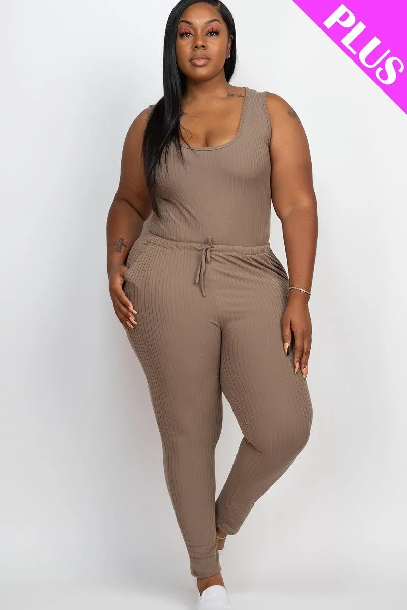 Thick Madam Ribbed Sleeveless Drawstring Jumpsuit Voluptuous ( ) Size - 9 colors - Ships from The US