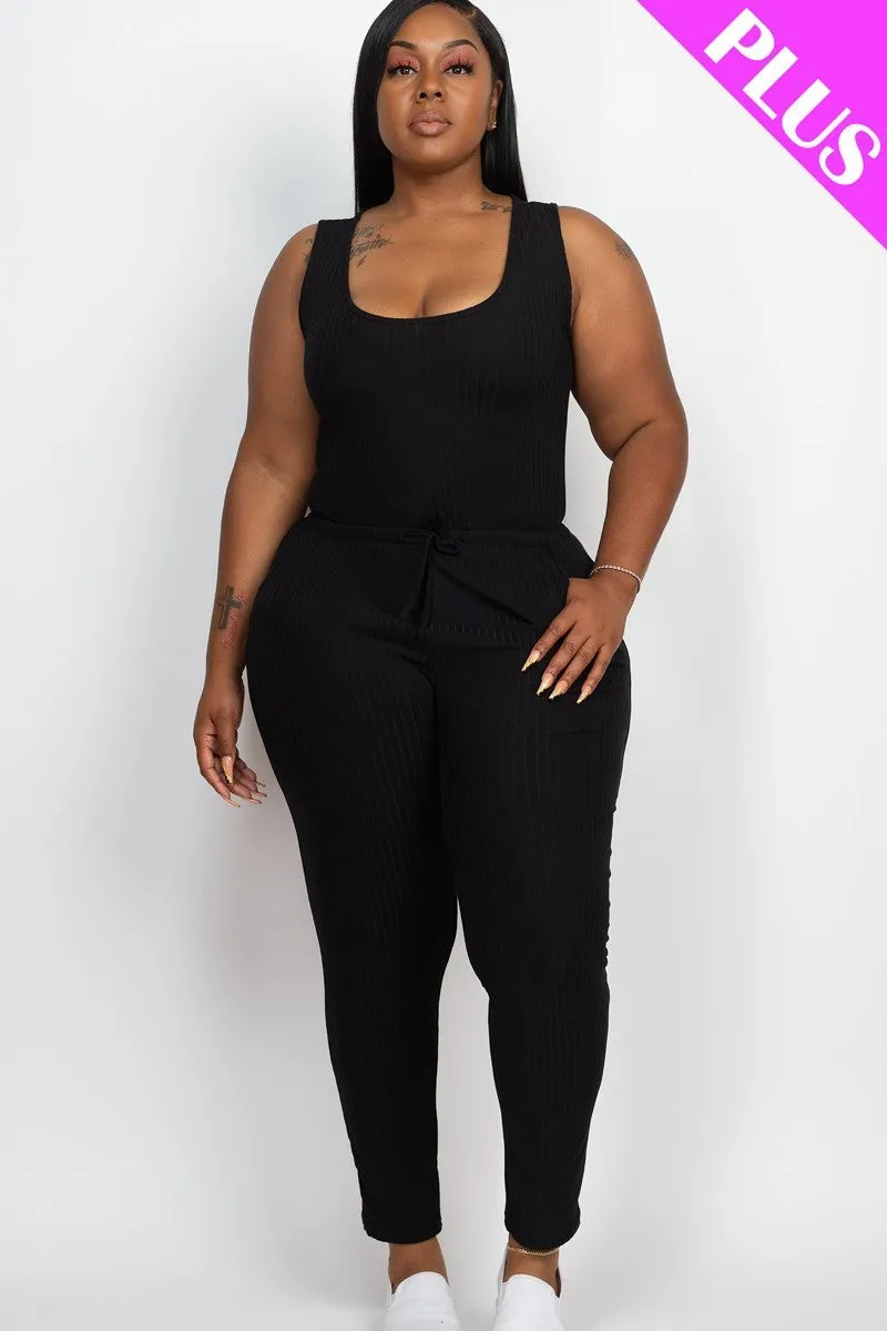 Thick Madam Ribbed Sleeveless Drawstring Jumpsuit Voluptuous ( ) Size - 9 colors - Ships from The US
