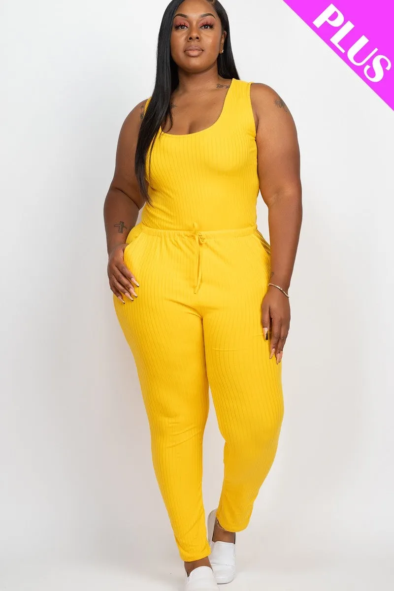 Thick Madam Ribbed Sleeveless Drawstring Jumpsuit Voluptuous ( ) Size - 9 colors - Ships from The US
