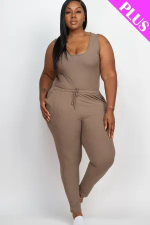 Thick Madam Ribbed Sleeveless Drawstring Jumpsuit Voluptuous ( ) Size - 9 colors - Ships from The US