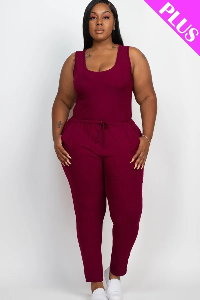Thick Madam Ribbed Sleeveless Drawstring Jumpsuit Voluptuous ( ) Size - 9 colors - Ships from The US