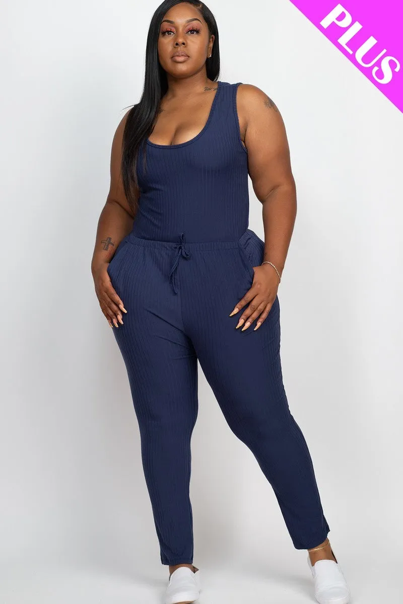 Thick Madam Ribbed Sleeveless Drawstring Jumpsuit Voluptuous ( ) Size - 9 colors - Ships from The US