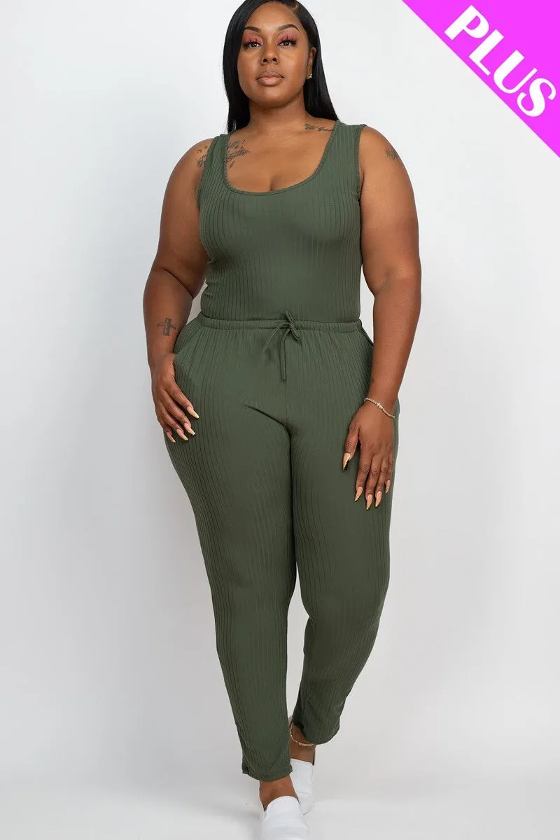 Thick Madam Ribbed Sleeveless Drawstring Jumpsuit Voluptuous ( ) Size - 9 colors - Ships from The US