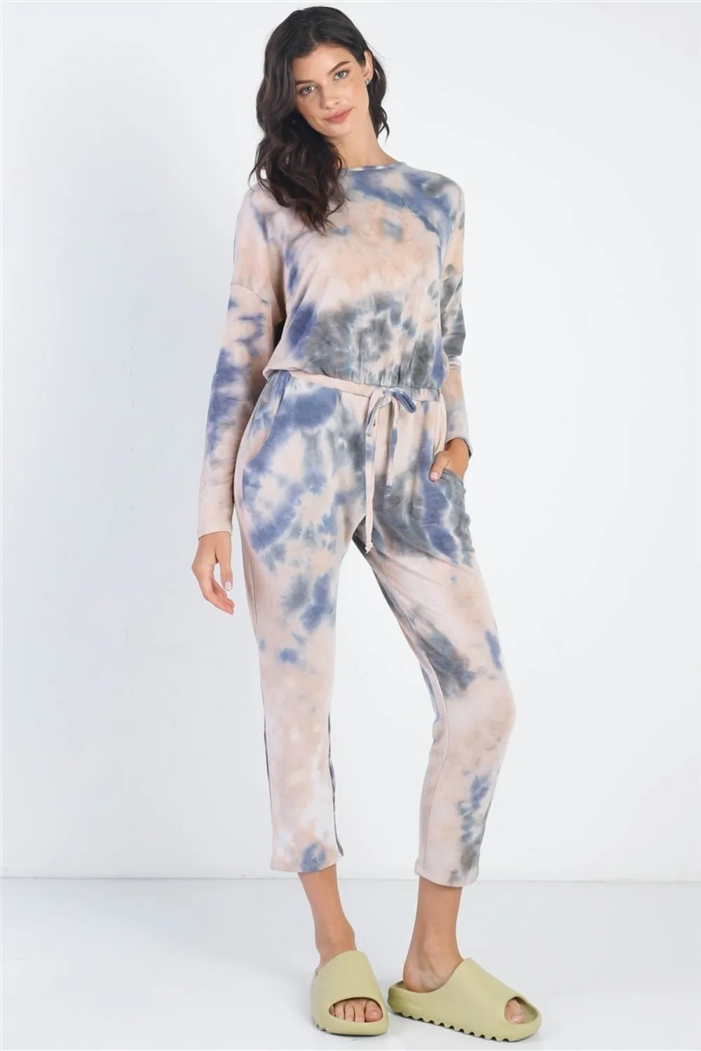 Tie-Dye Round Neck Long Sleeve Jumpsuit
