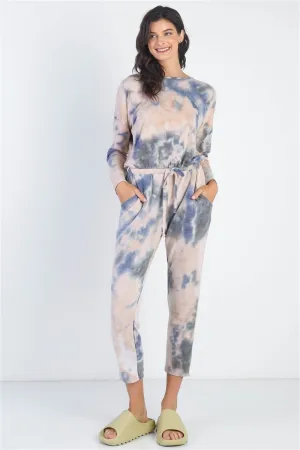Tie-Dye Round Neck Long Sleeve Jumpsuit