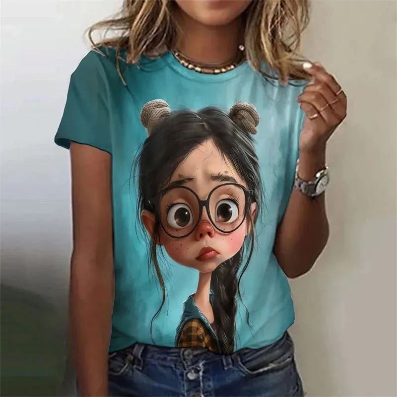 Vibrant Anime Girls 3D Printed Plus Size Graphic Tee - Y2K Harajuku Style Short Sleeve T-Shirt for Trendy Women