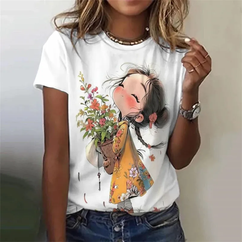 Vibrant Anime Girls 3D Printed Plus Size Graphic Tee - Y2K Harajuku Style Short Sleeve T-Shirt for Trendy Women