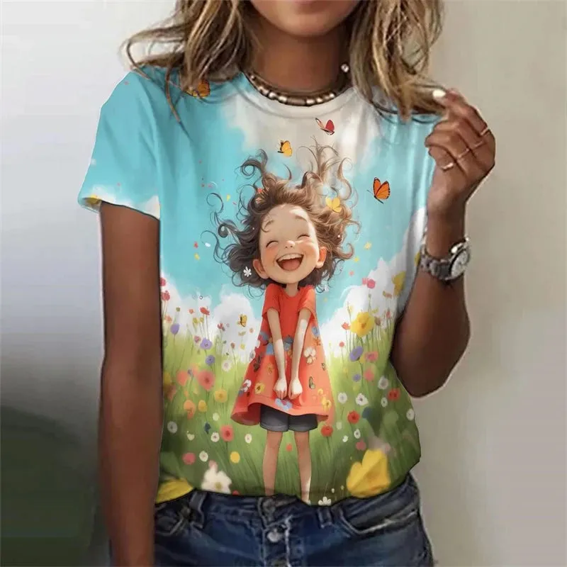 Vibrant Anime Girls 3D Printed Plus Size Graphic Tee - Y2K Harajuku Style Short Sleeve T-Shirt for Trendy Women