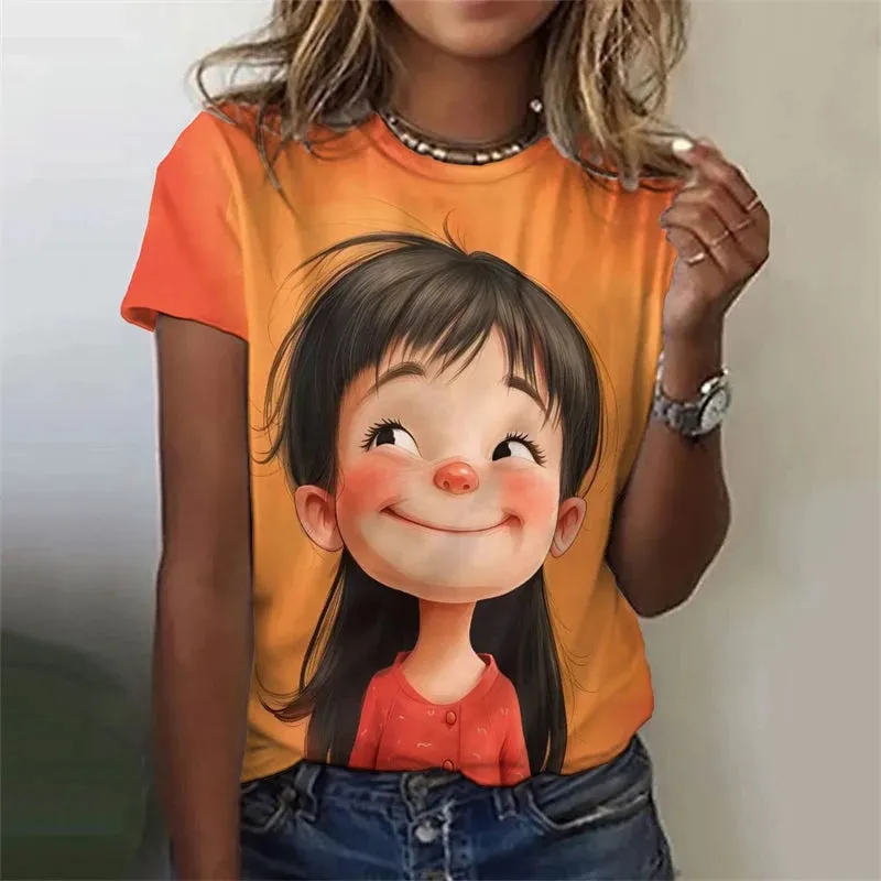 Vibrant Anime Girls 3D Printed Plus Size Graphic Tee - Y2K Harajuku Style Short Sleeve T-Shirt for Trendy Women