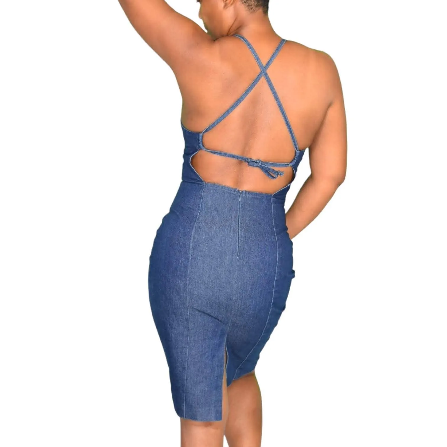 Vintage Guess Denim Dress Blue Jean Bodycon Pencil Halter Low Back Ties Size Small