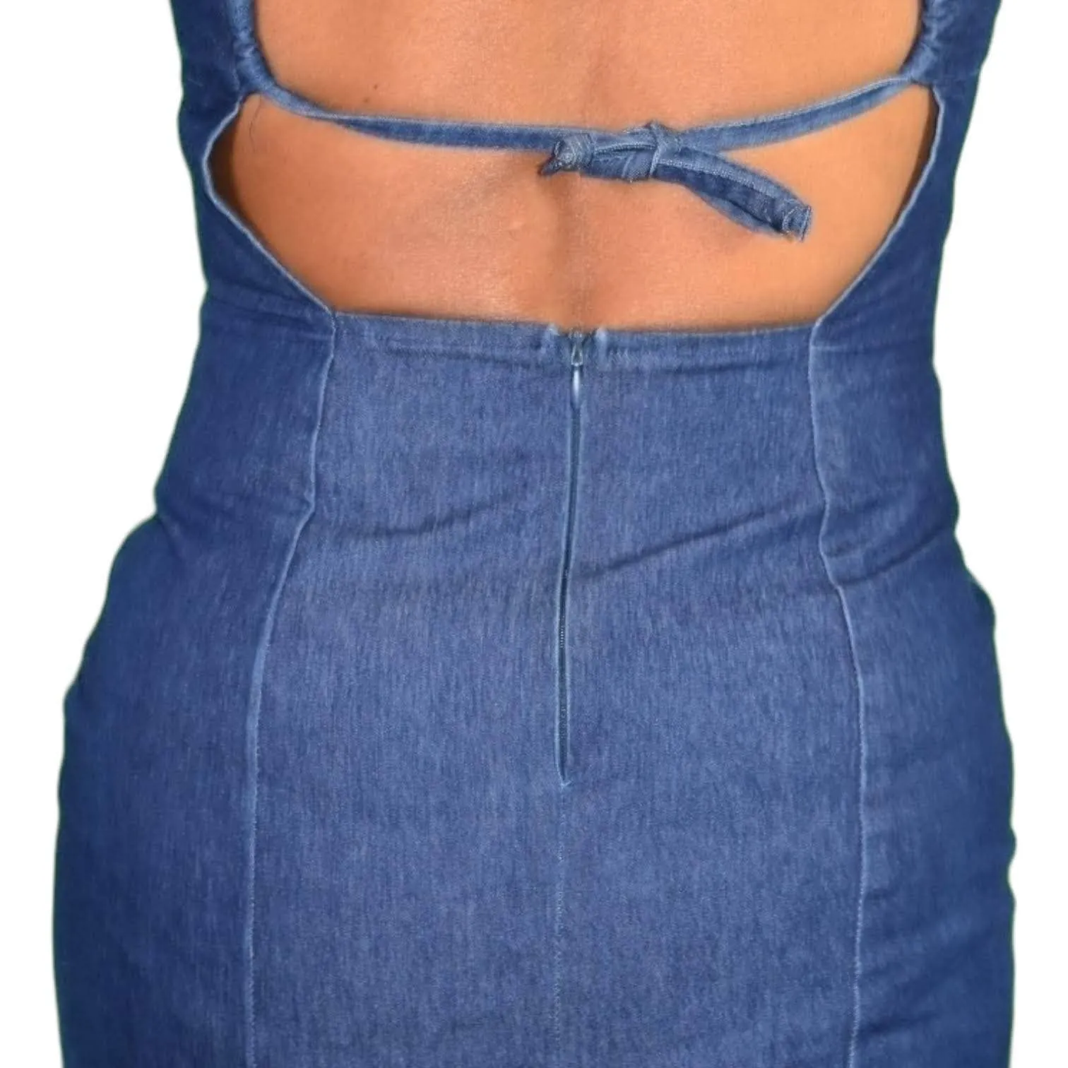 Vintage Guess Denim Dress Blue Jean Bodycon Pencil Halter Low Back Ties Size Small