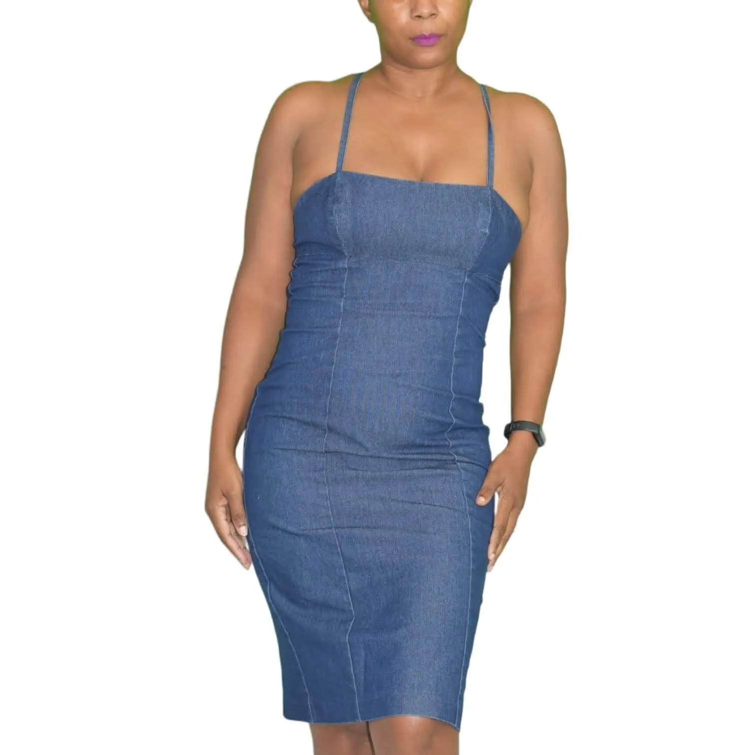 Vintage Guess Denim Dress Blue Jean Bodycon Pencil Halter Low Back Ties Size Small
