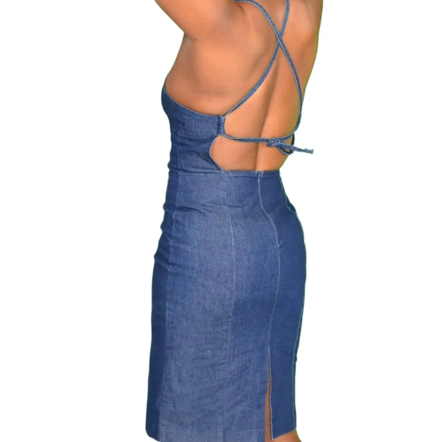 Vintage Guess Denim Dress Blue Jean Bodycon Pencil Halter Low Back Ties Size Small