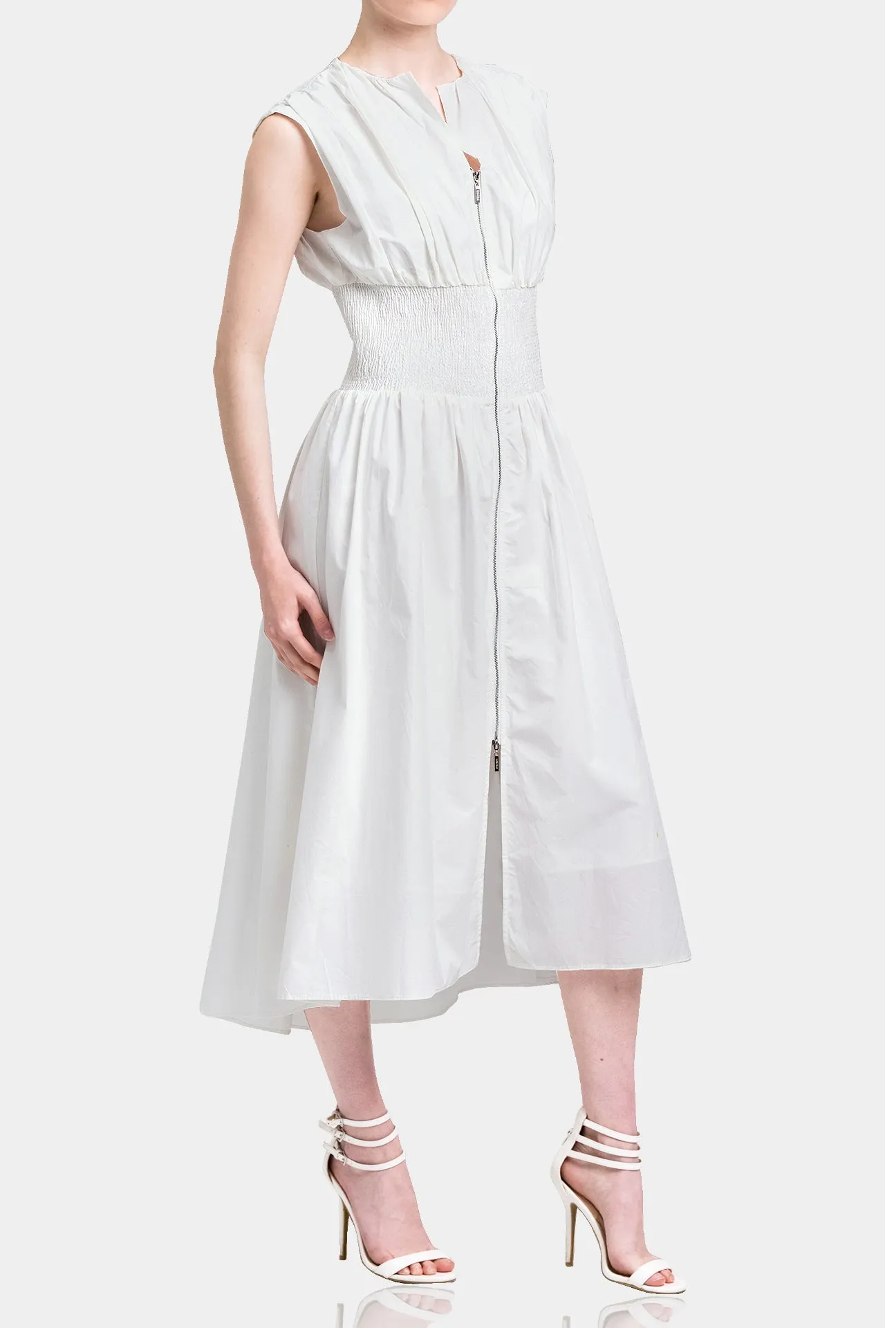 White Ruched Summer Midi Dress